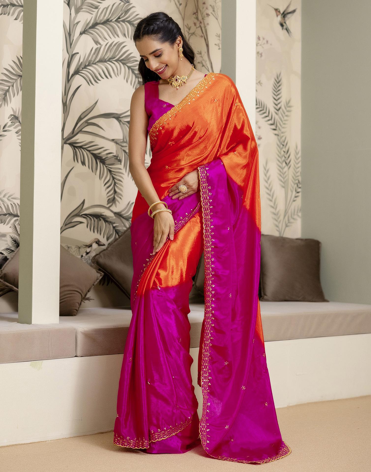 Orange Silk Sequence Embroidery Saree