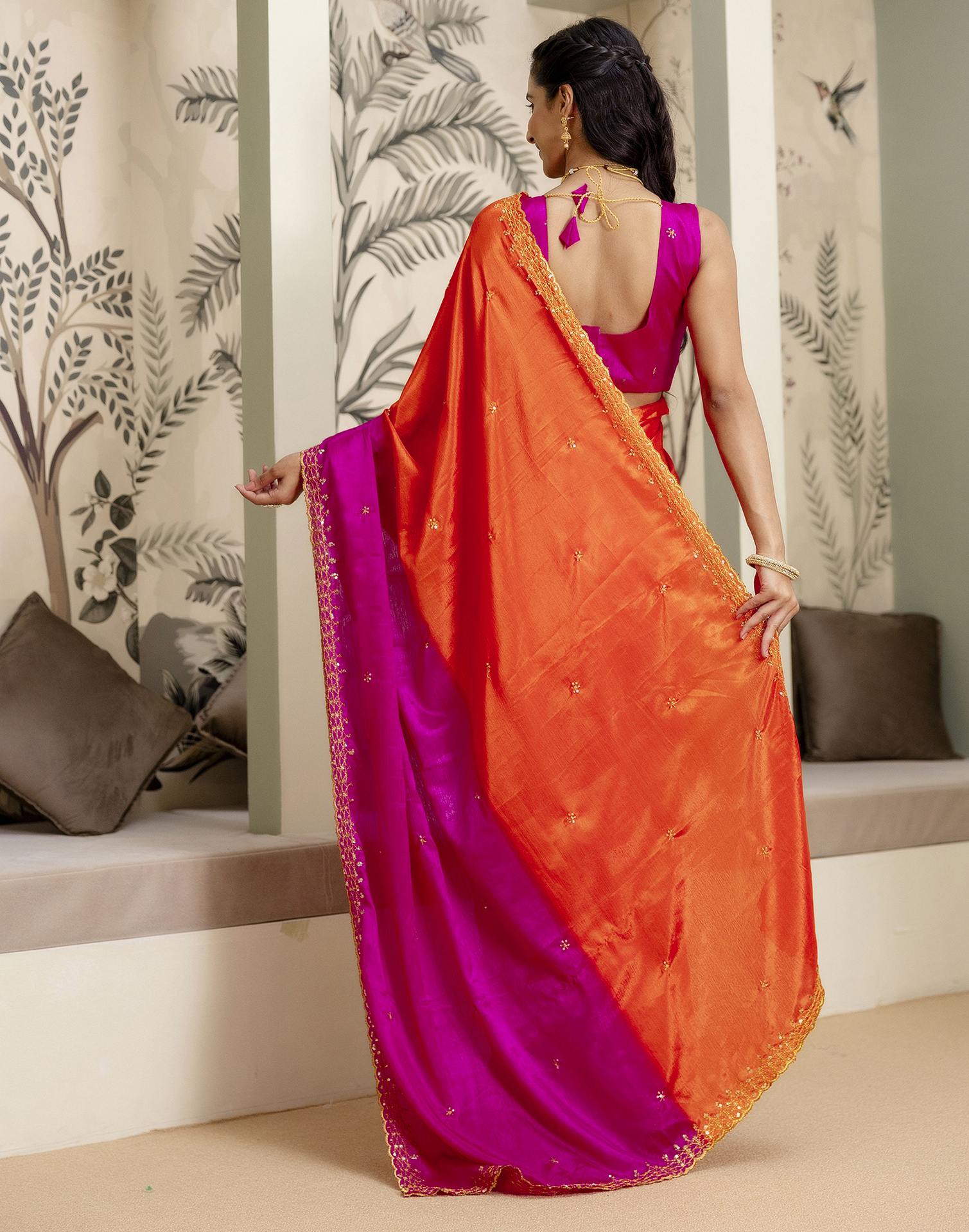 Orange Silk Sequence Embroidery Saree