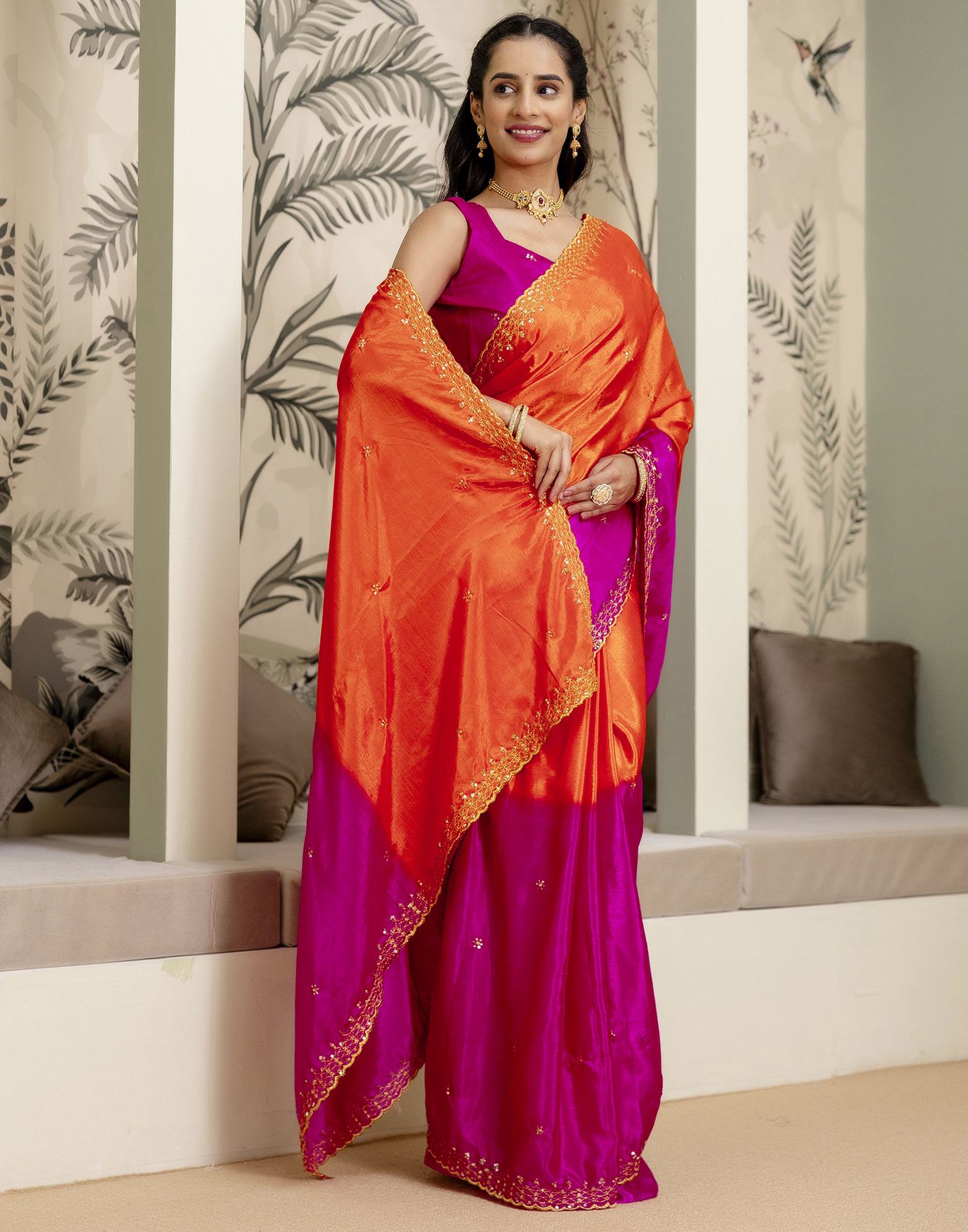 Orange Silk Sequence Embroidery Saree