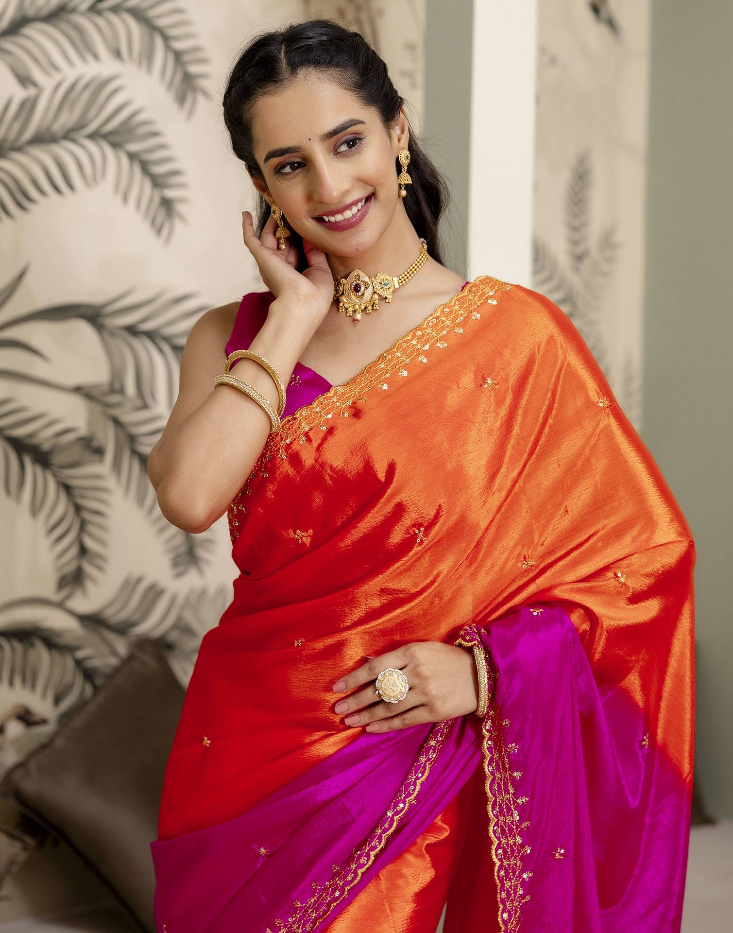 Orange Silk Sequence Embroidery Saree