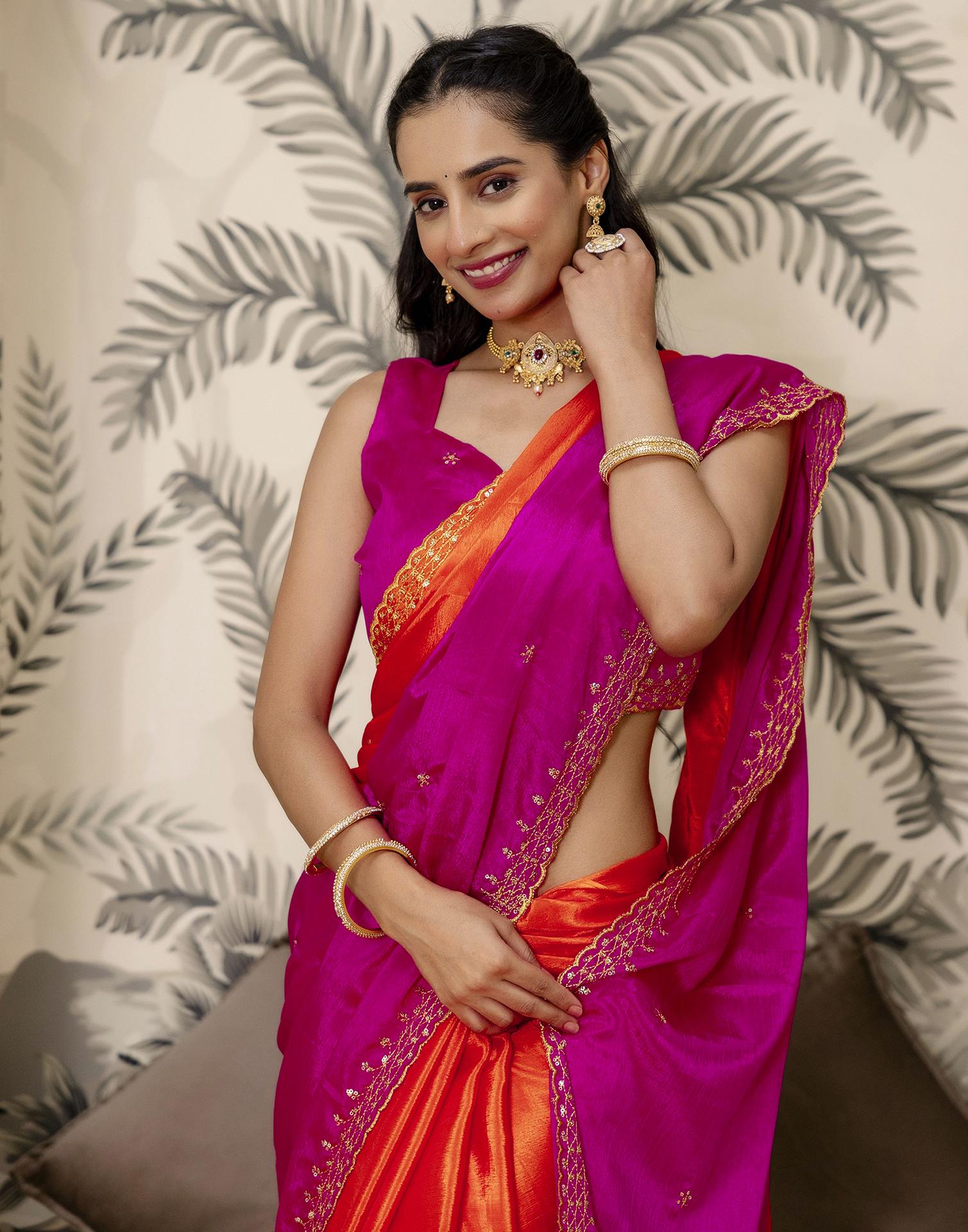 Orange Silk Sequence Embroidery Saree