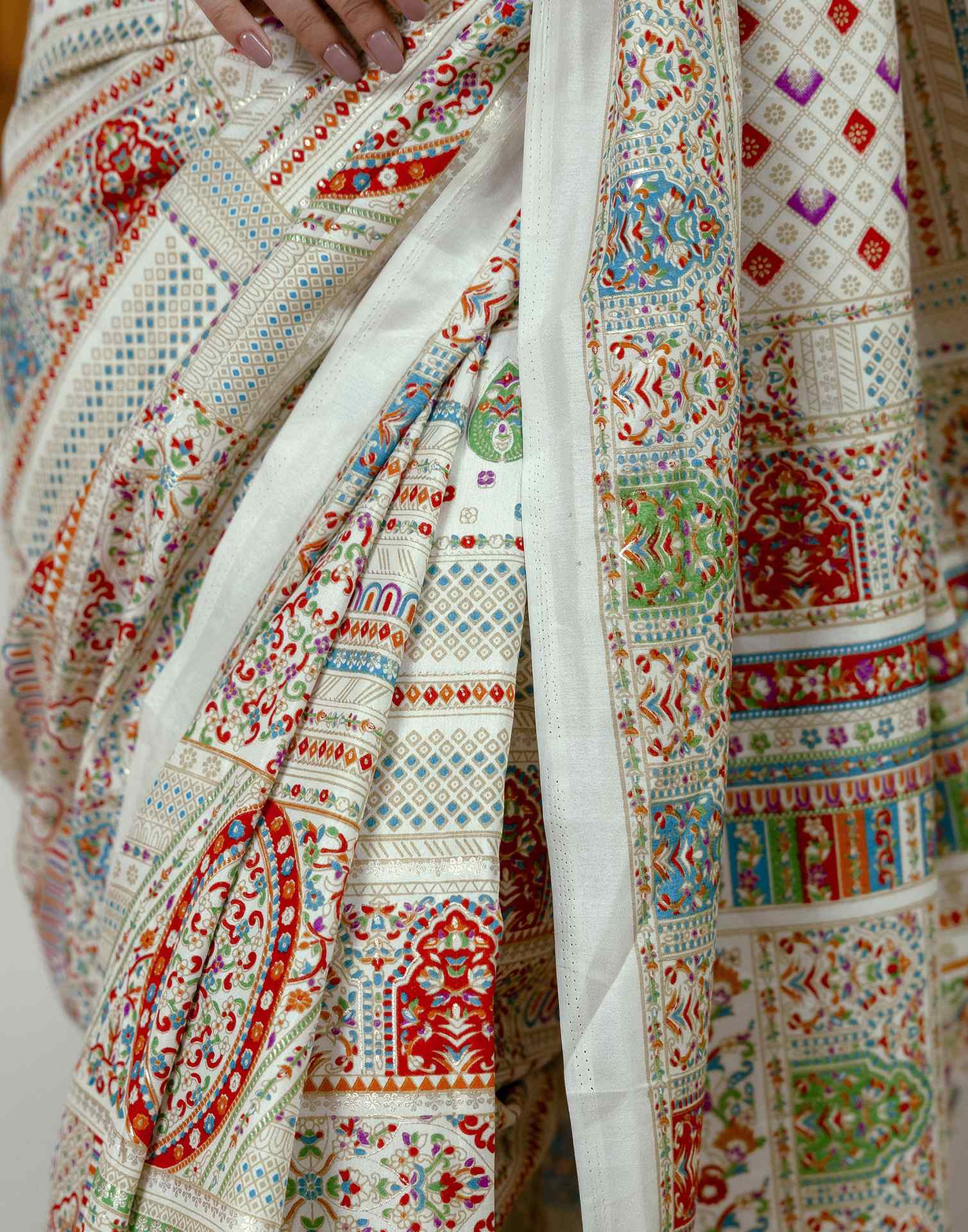 Off White Silk Printed Saree