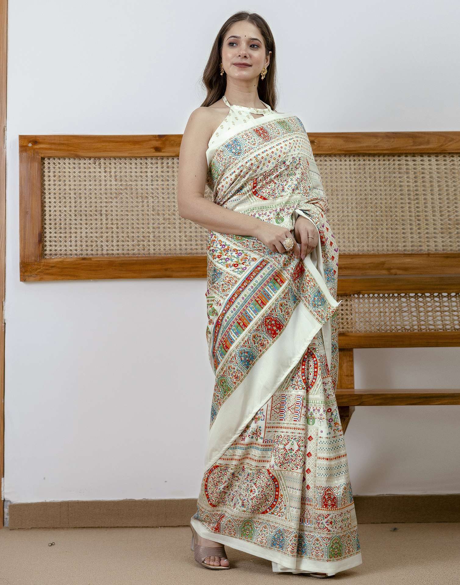Off White Silk Printed Saree