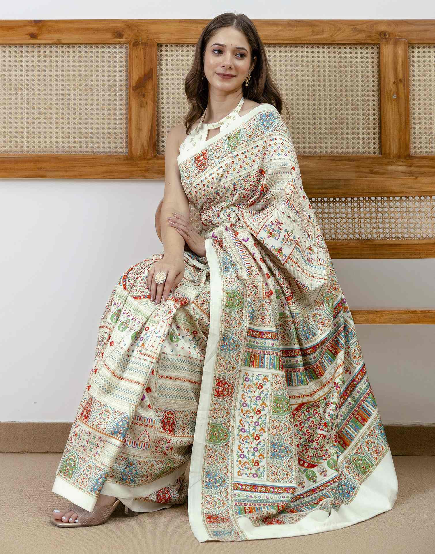 Off White Silk Printed Saree