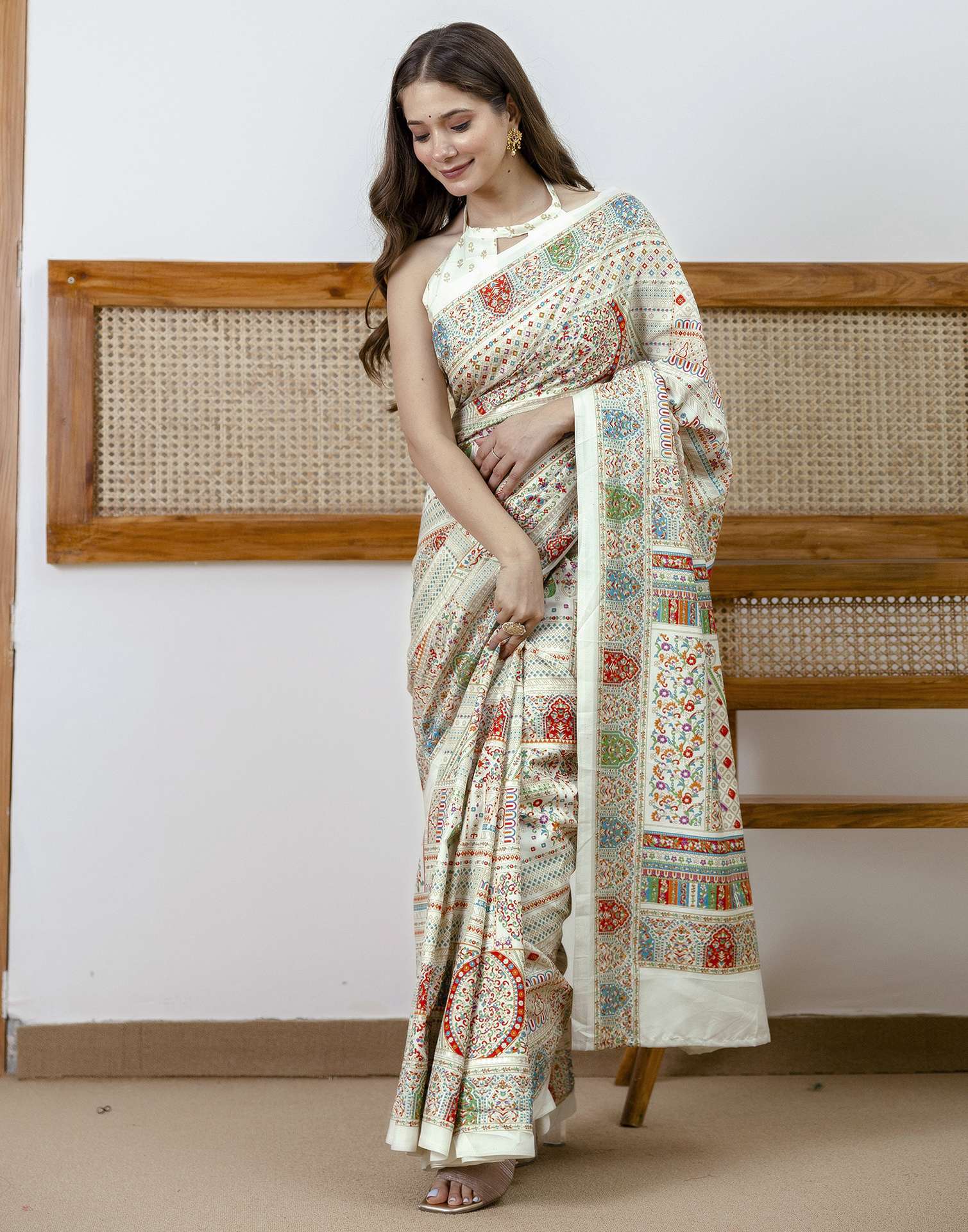 Off White Silk Printed Saree