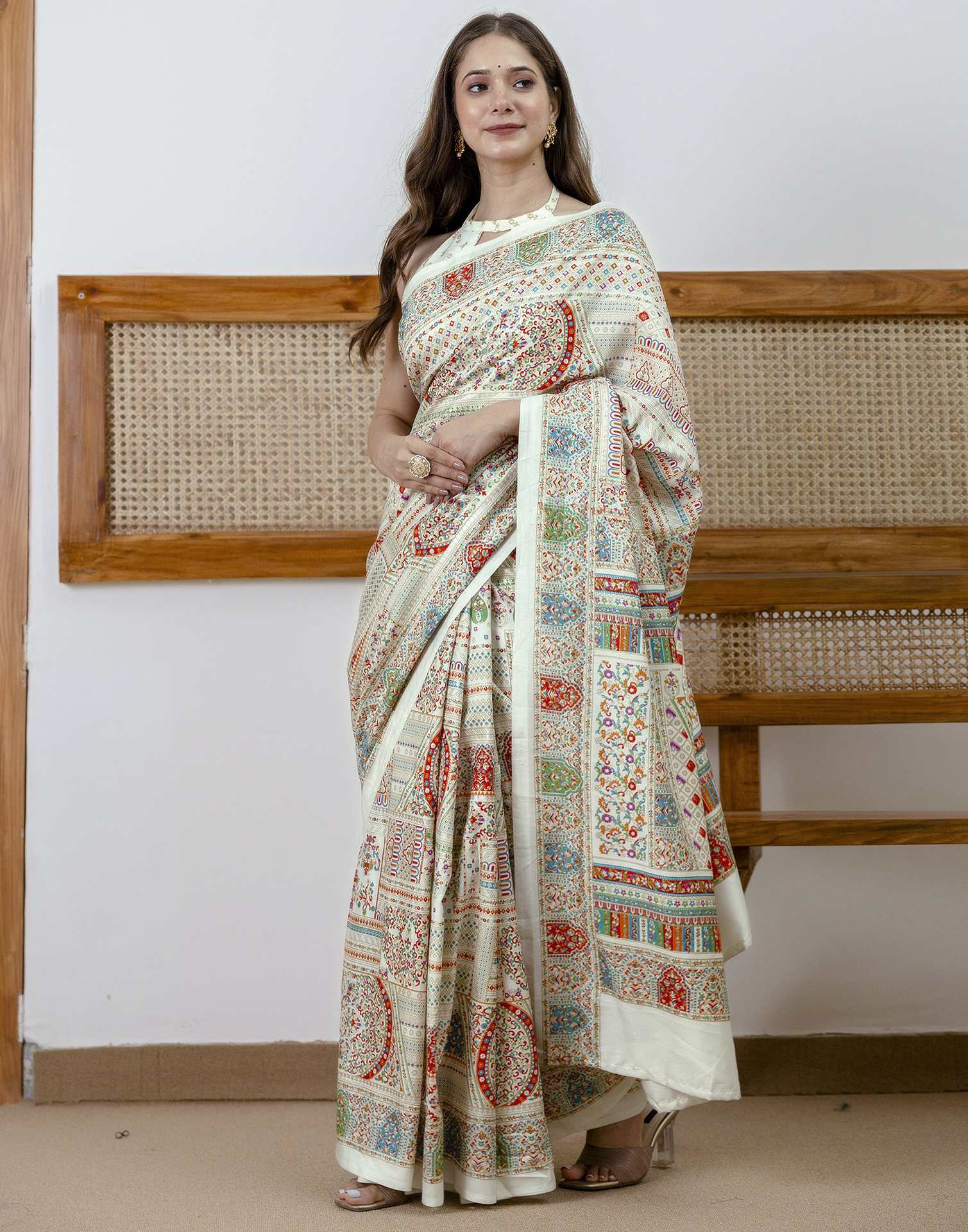 Off White Silk Printed Saree