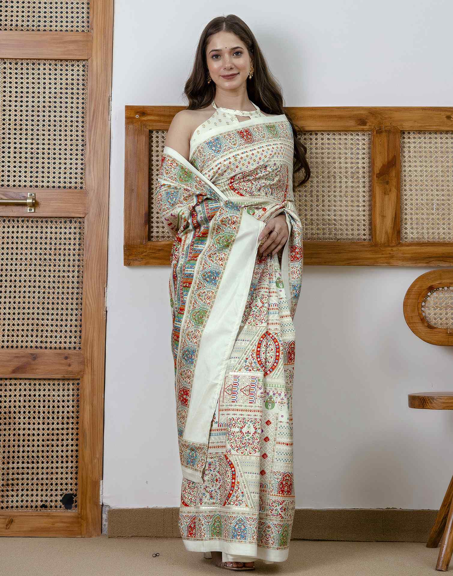 Off White Silk Printed Saree