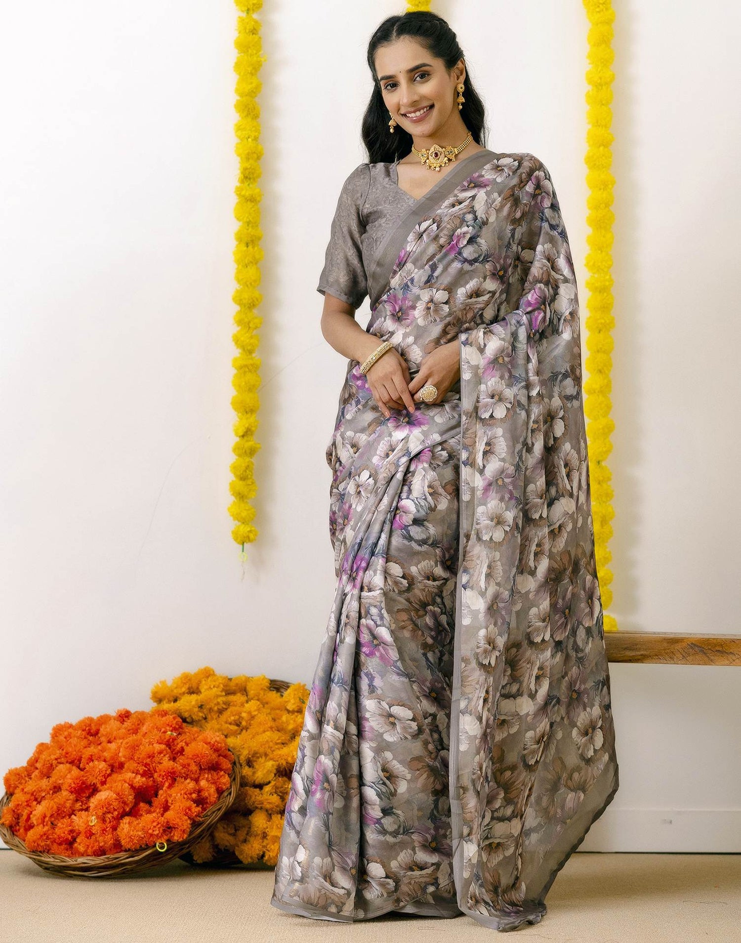 Grey Silk Printed Saree