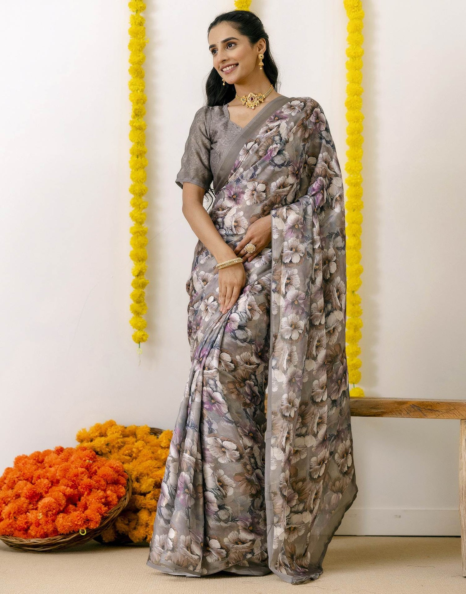 Grey Silk Printed Saree