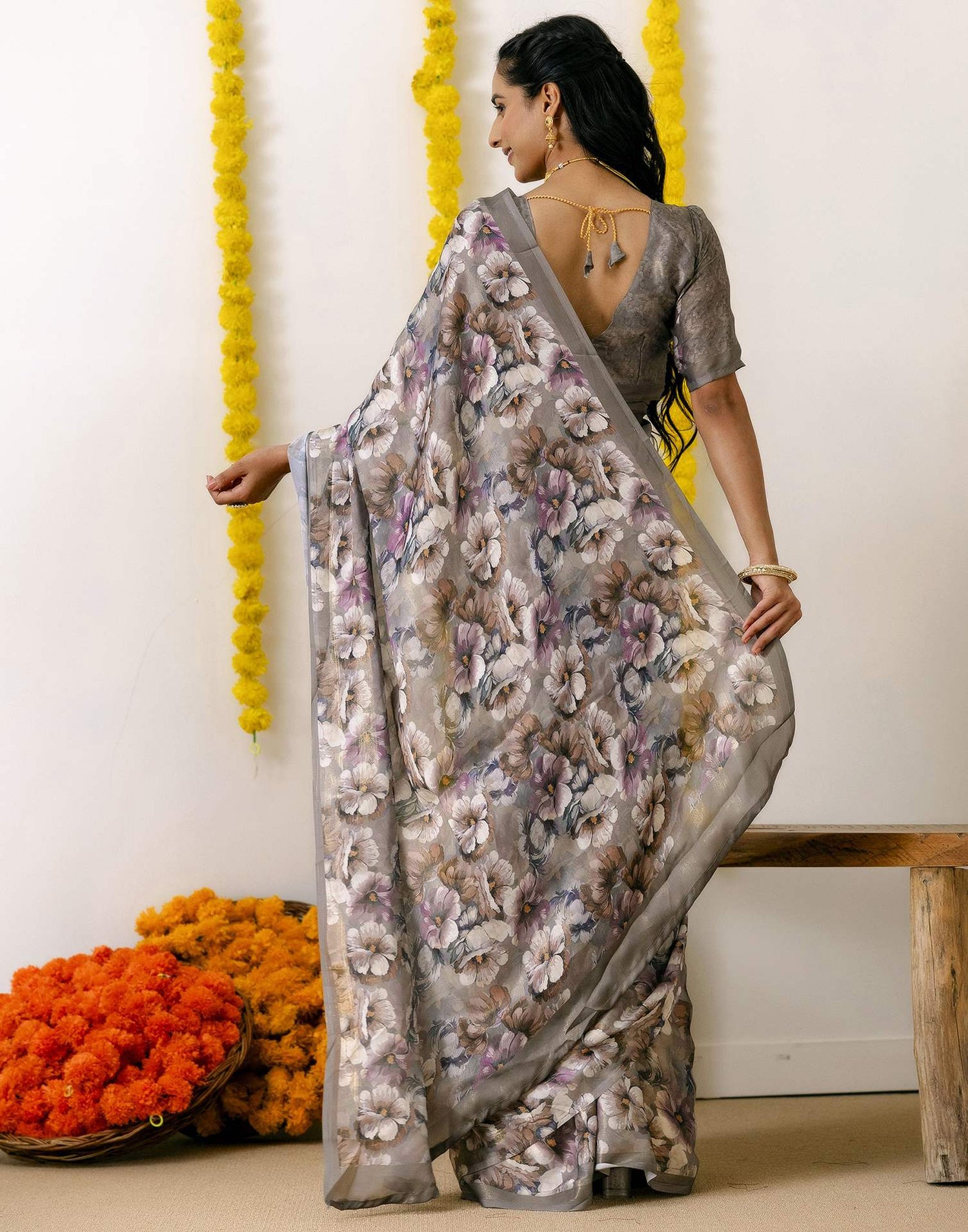 Grey Silk Printed Saree