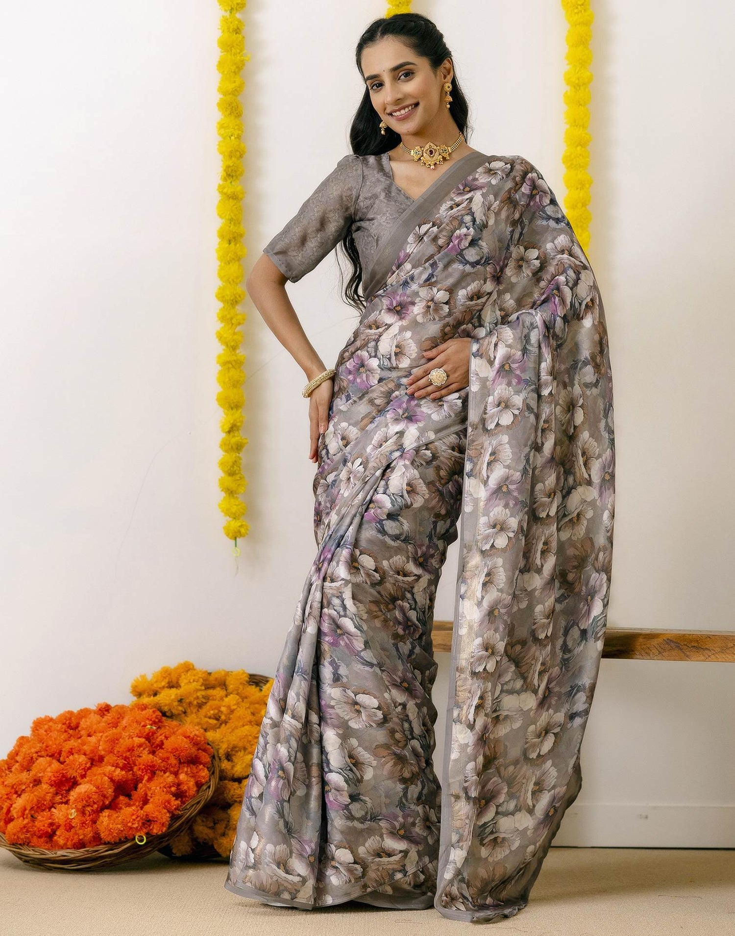 Grey Silk Printed Saree