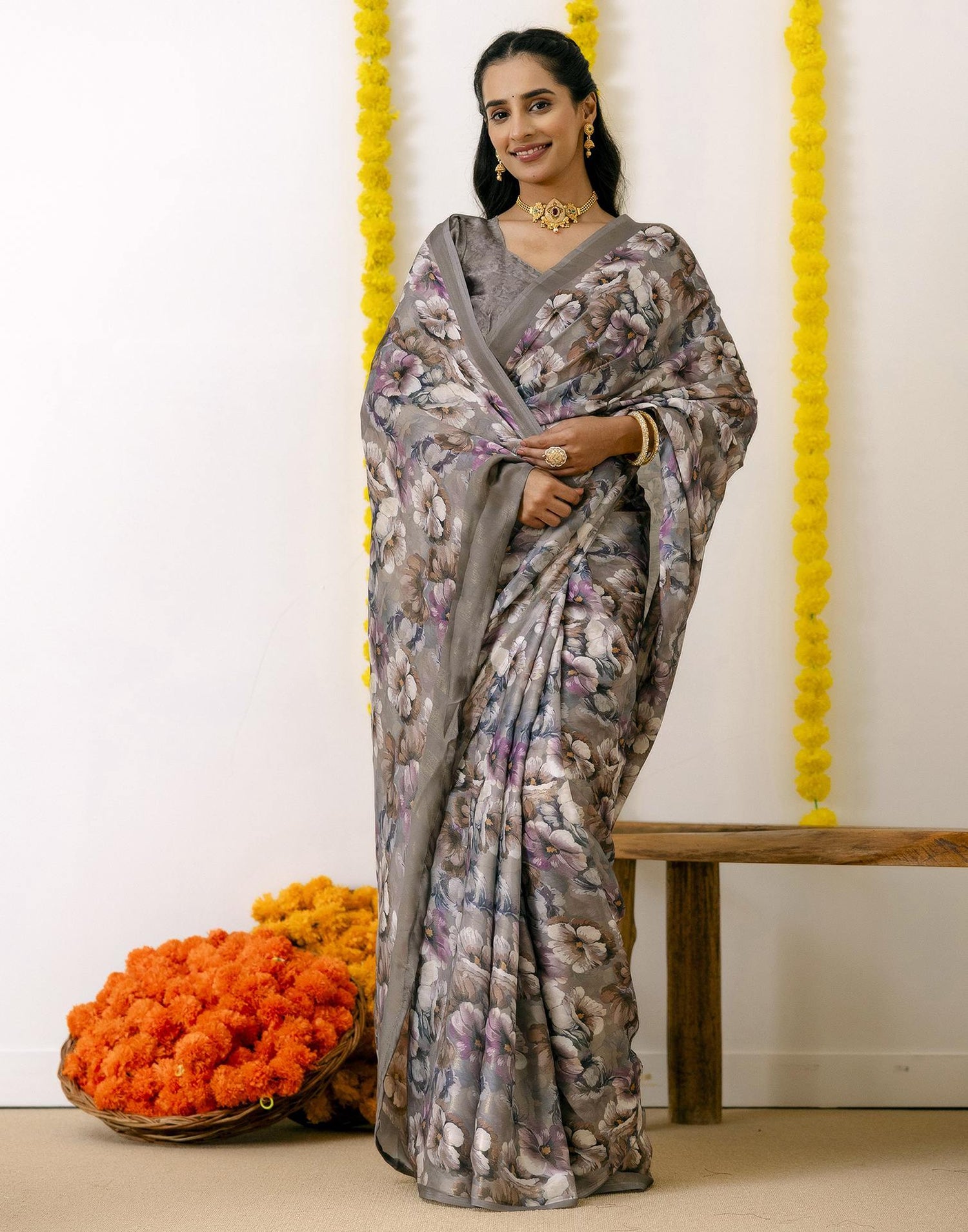 Grey Silk Printed Saree