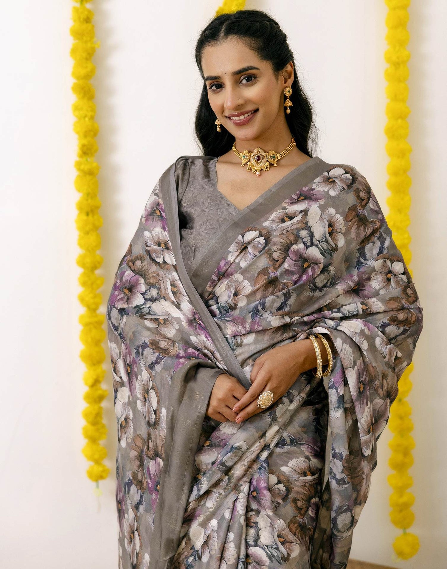 Grey Silk Printed Saree