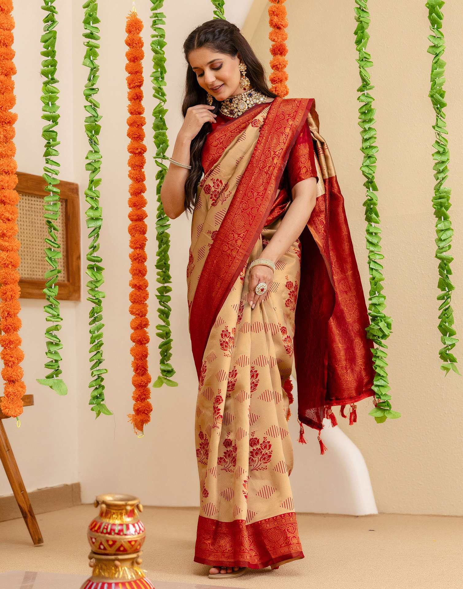 Beige Silk Woven Saree