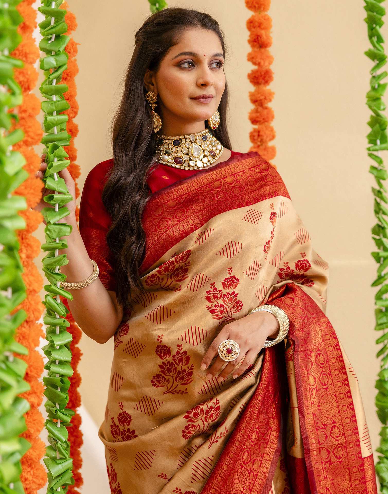 Beige Silk Woven Saree