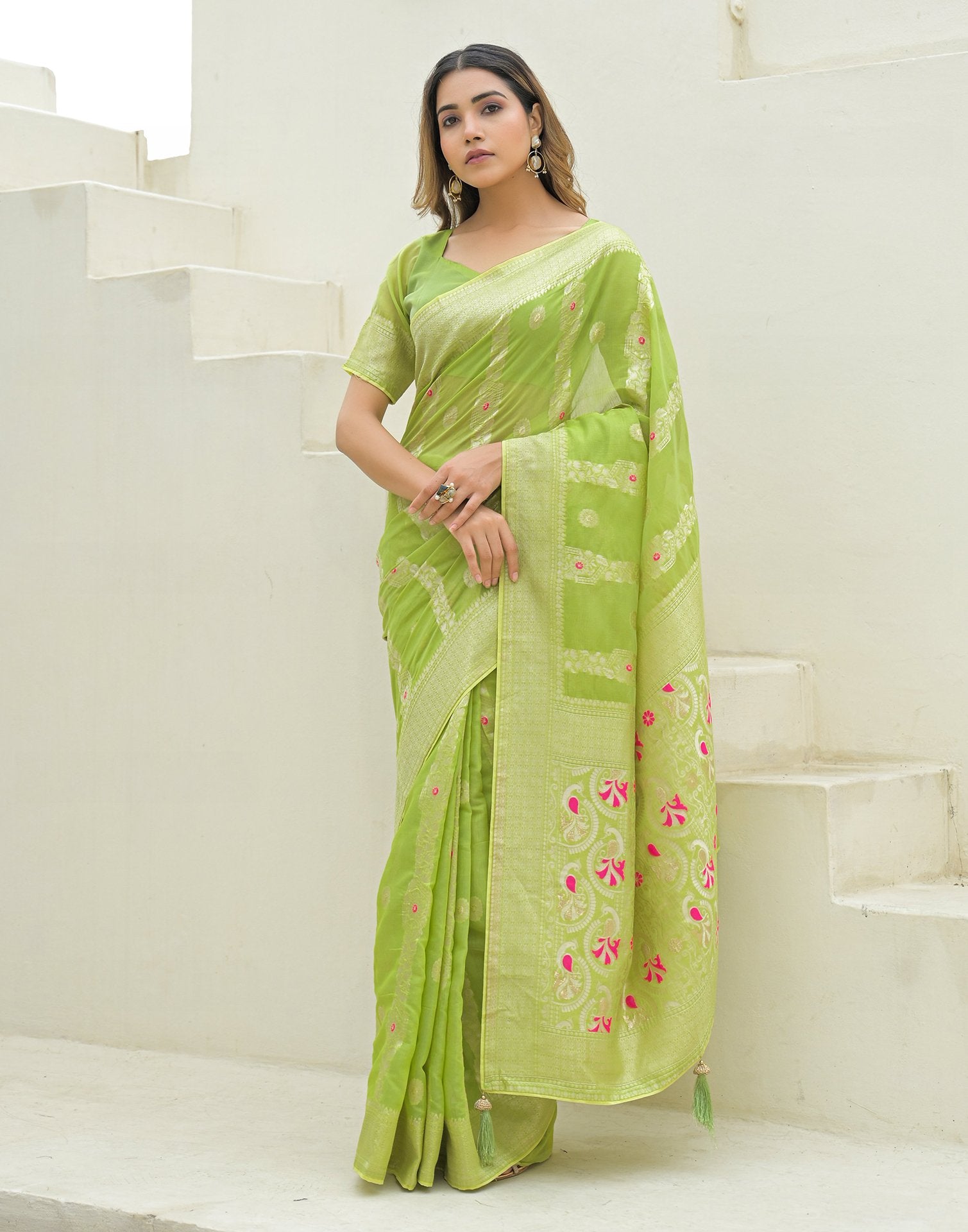 Pista Green Chanderi Woven Saree