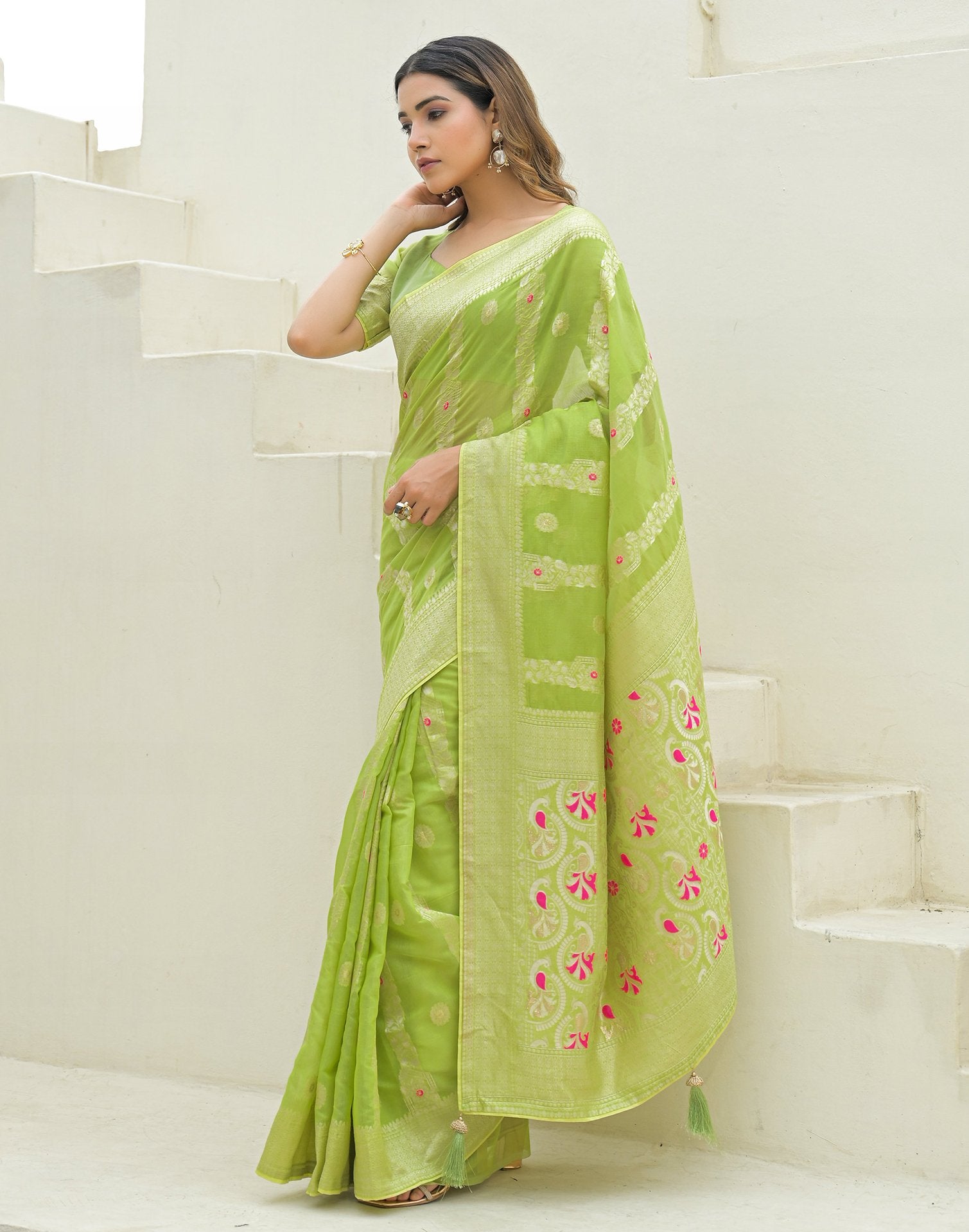Pista Green Chanderi Woven Saree