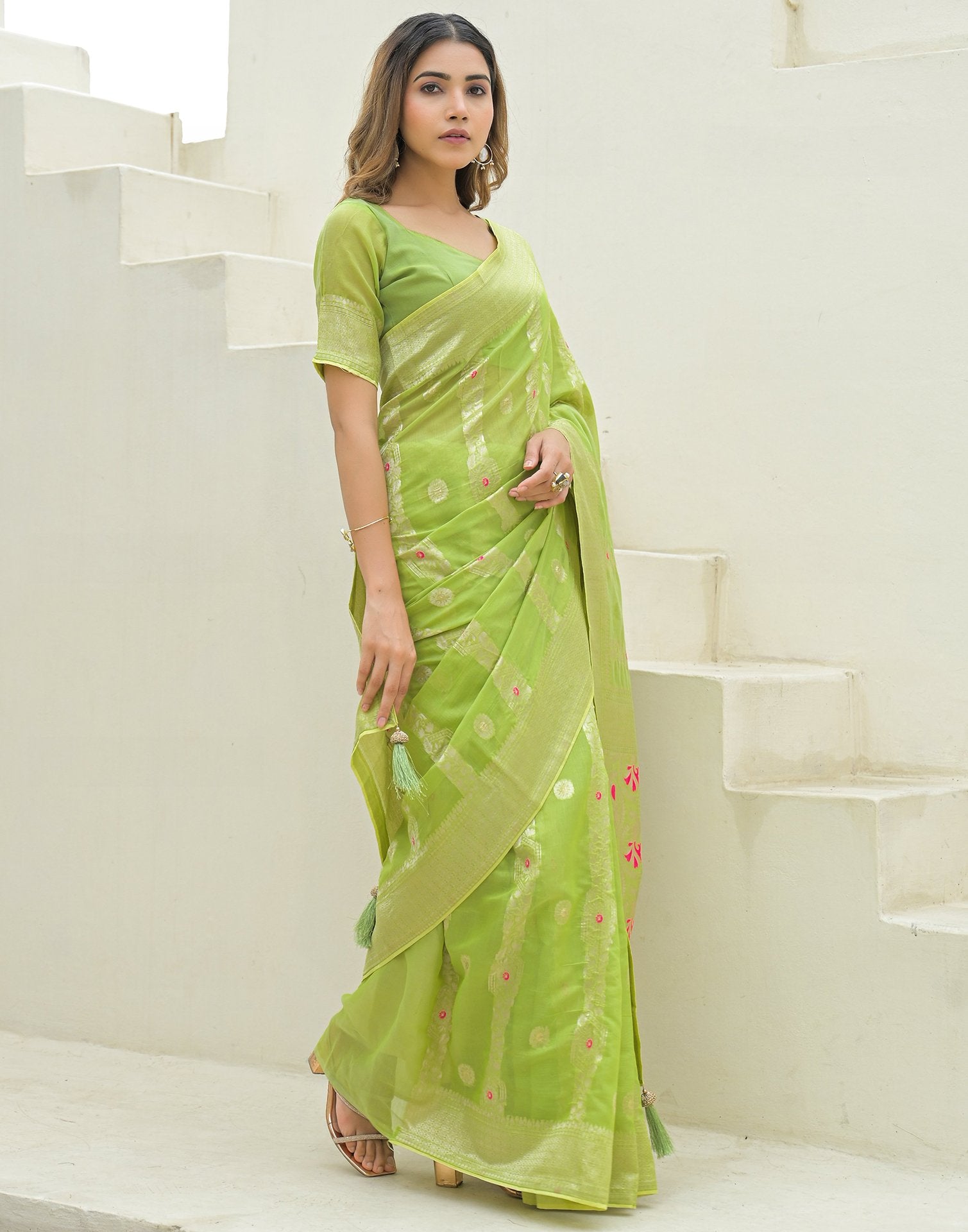 Pista Green Chanderi Woven Saree