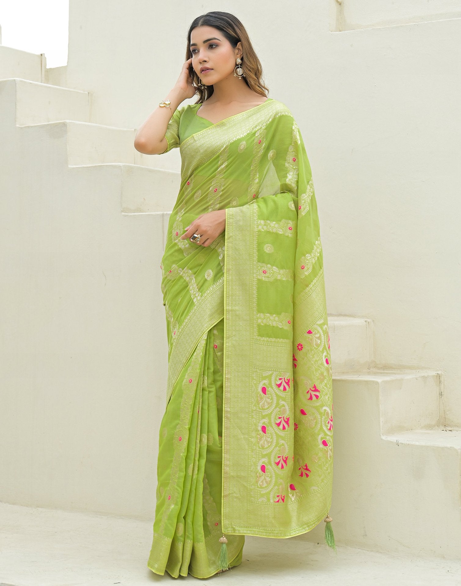 Pista Green Chanderi Woven Saree