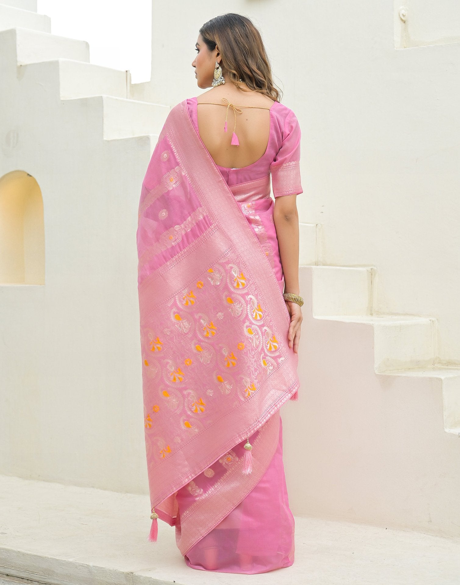 Baby Pink Chanderi Woven Saree