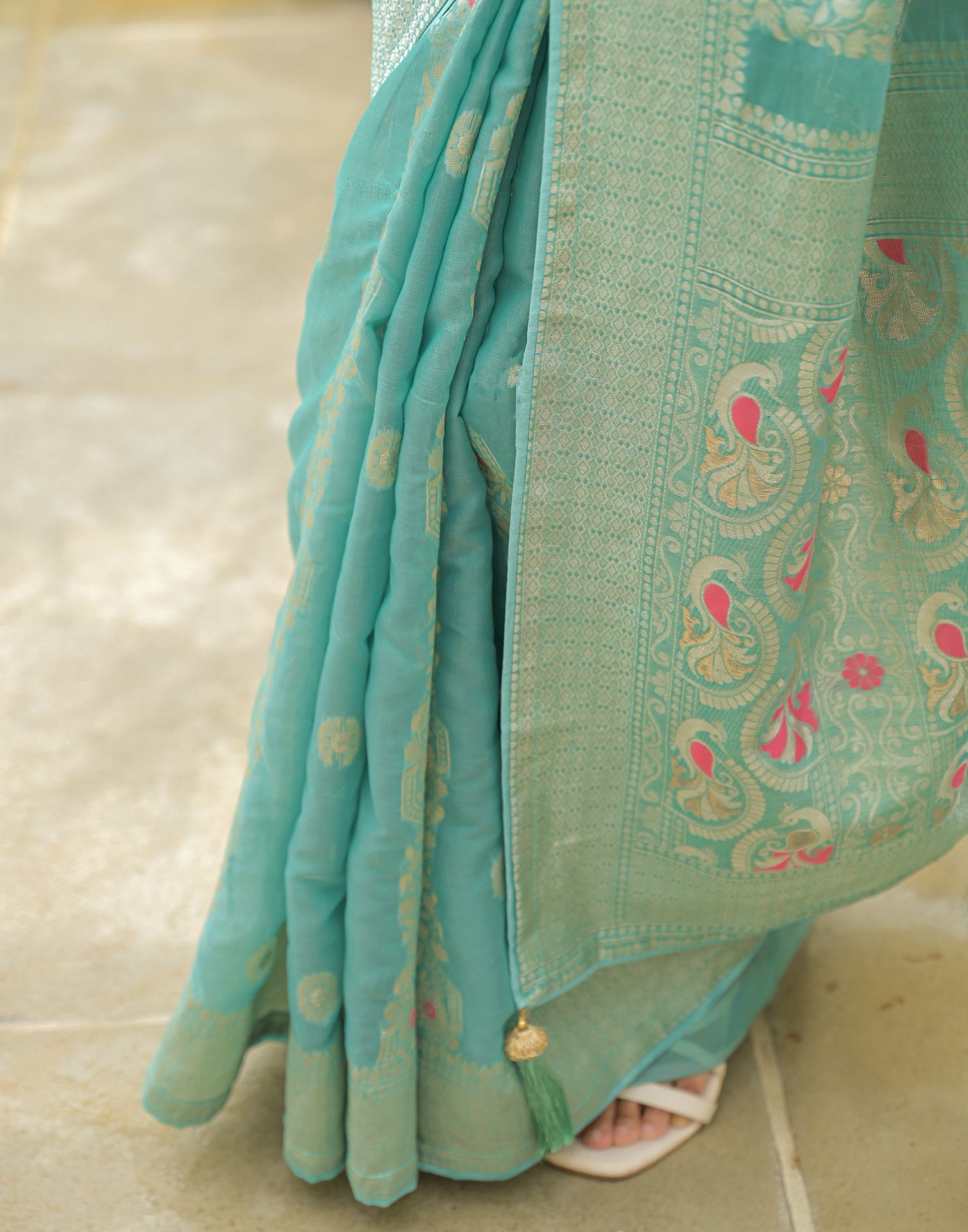 Turquoise Chanderi Woven Saree