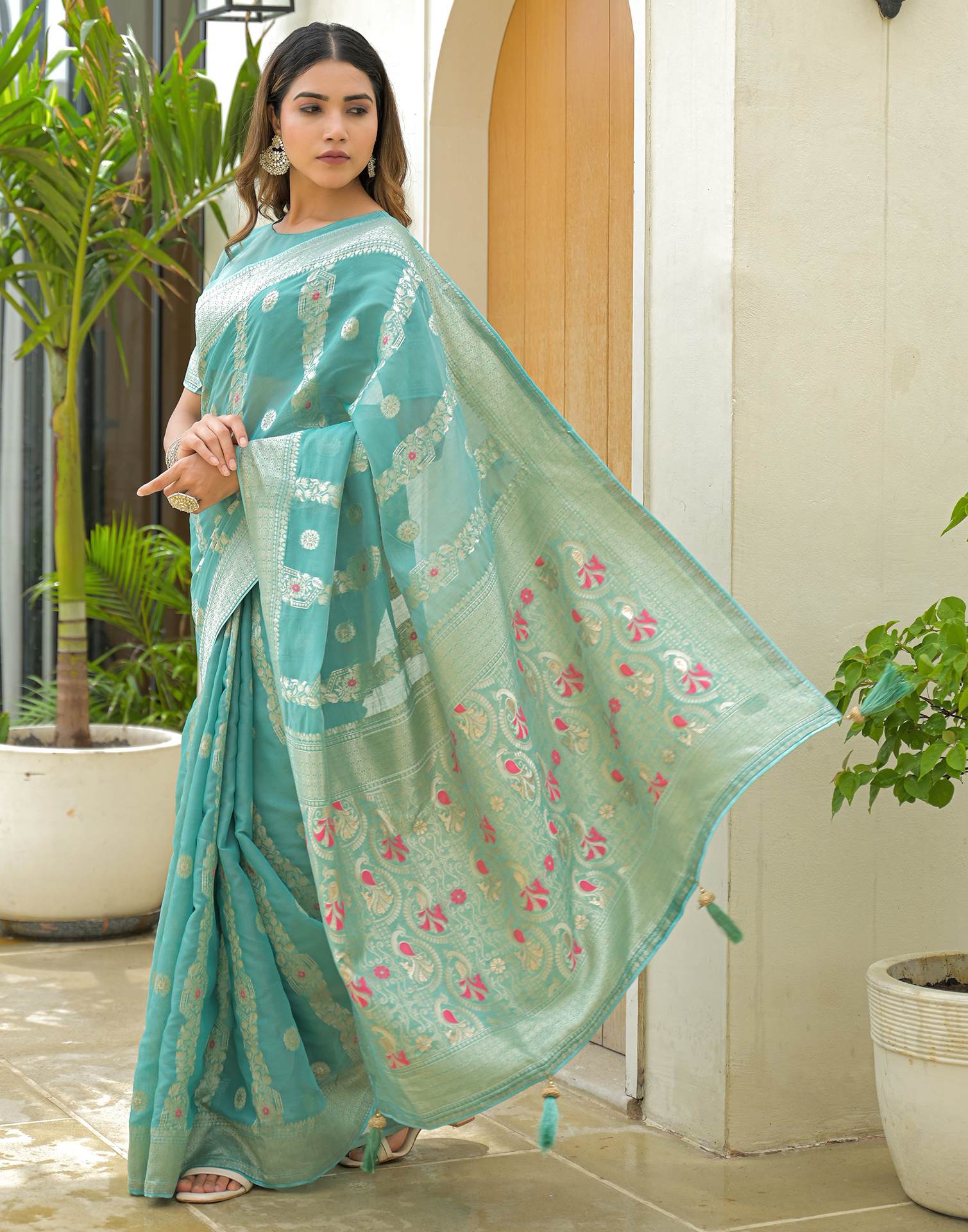 Turquoise Chanderi Woven Saree