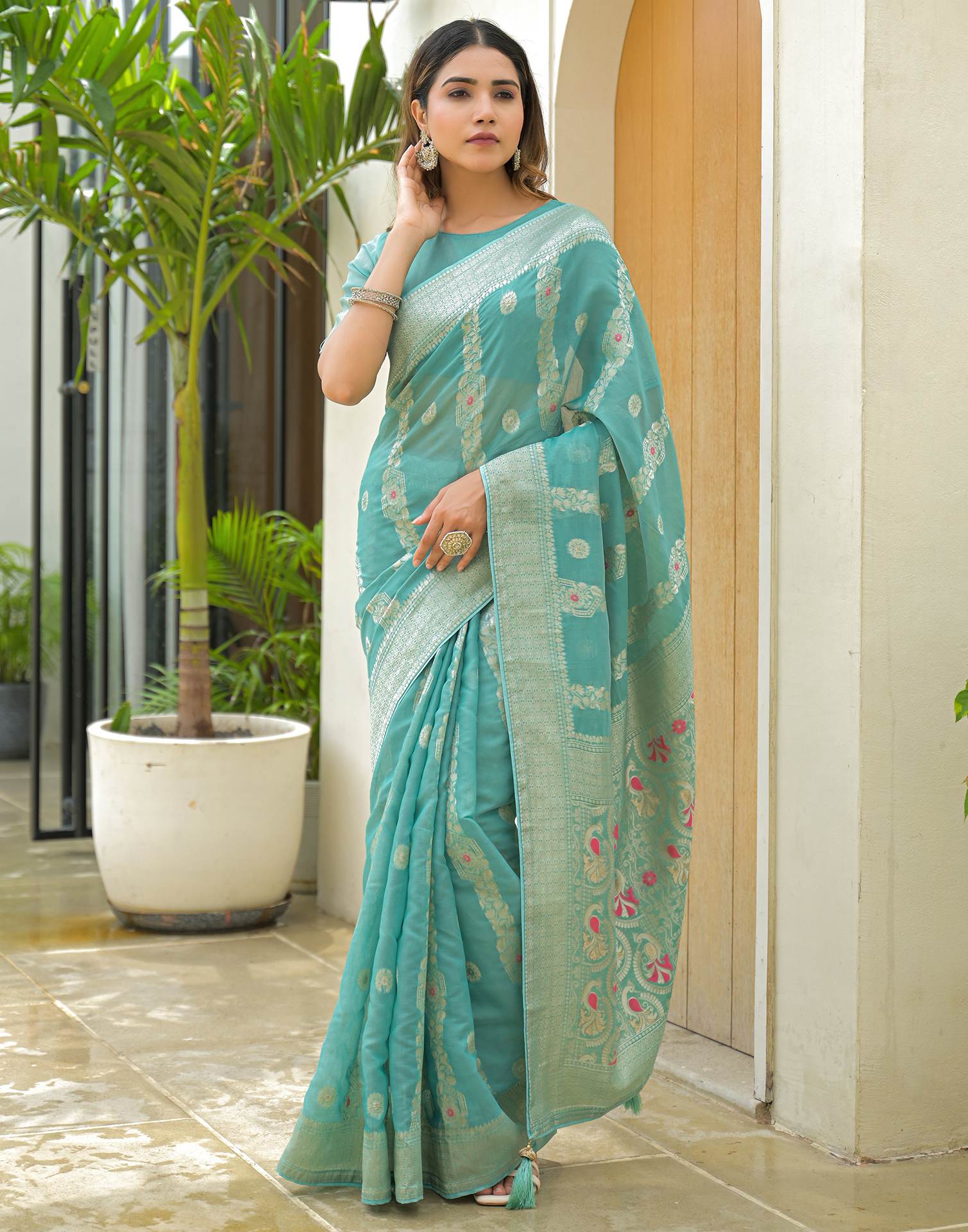Turquoise Chanderi Woven Saree