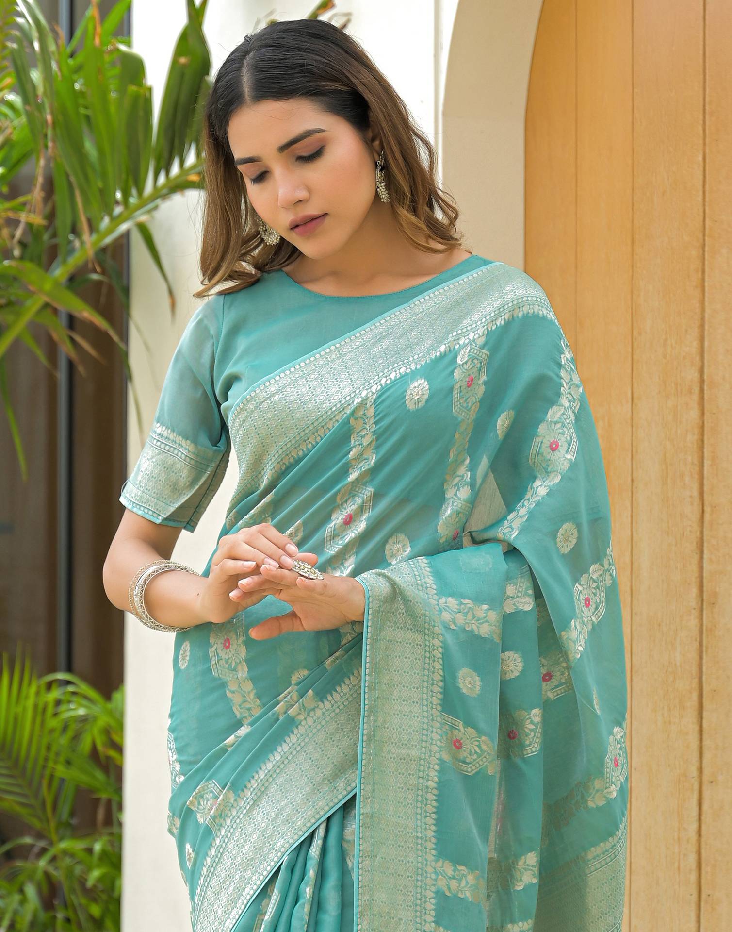 Turquoise Chanderi Woven Saree