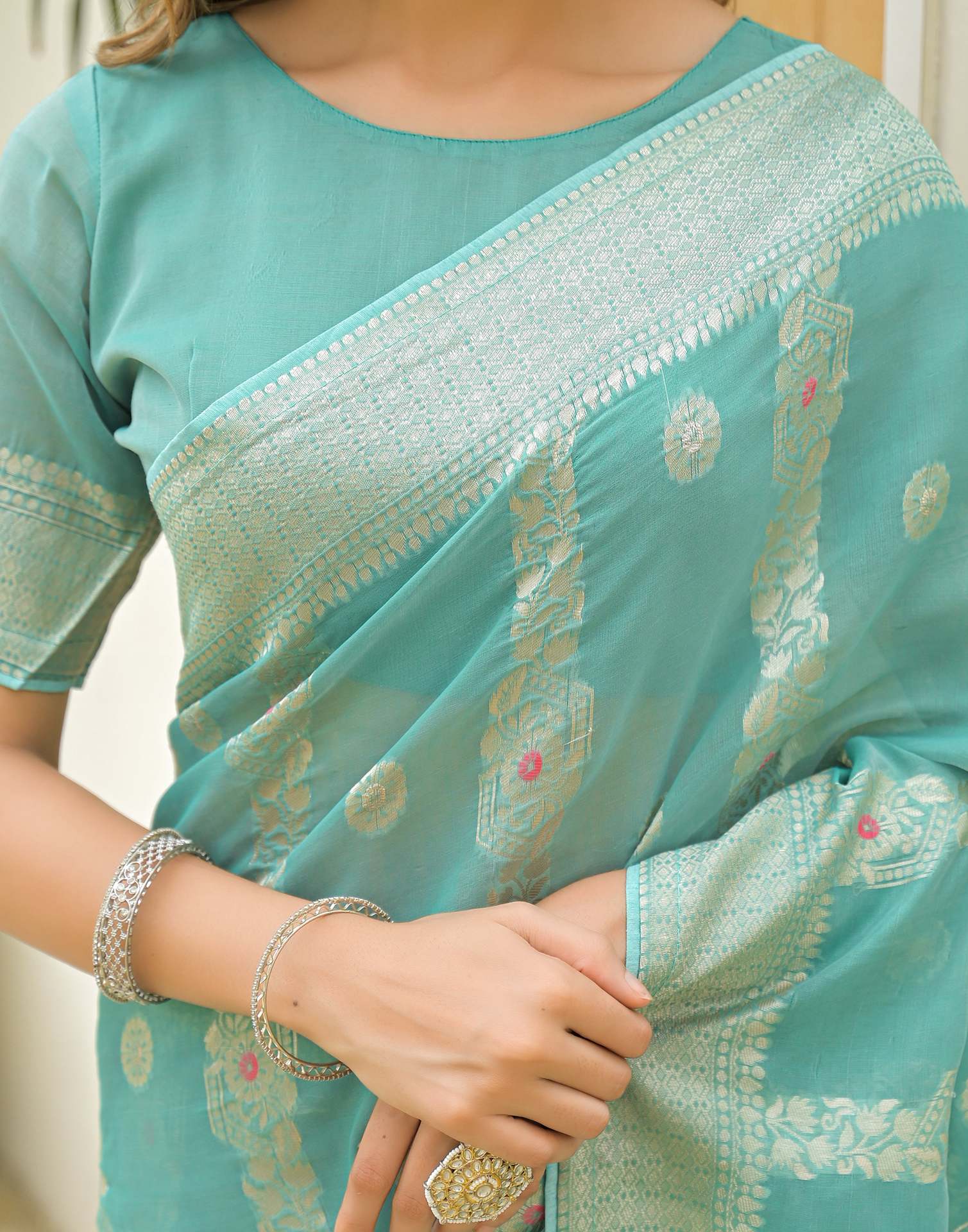 Turquoise Chanderi Woven Saree