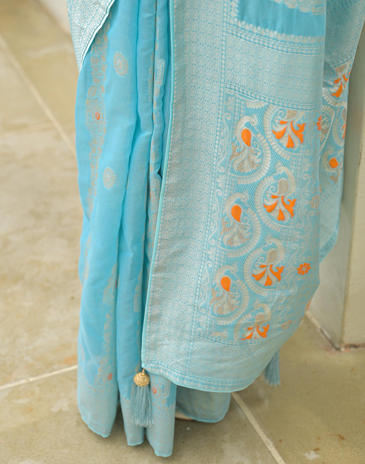 Sky Blue Chanderi Woven Saree