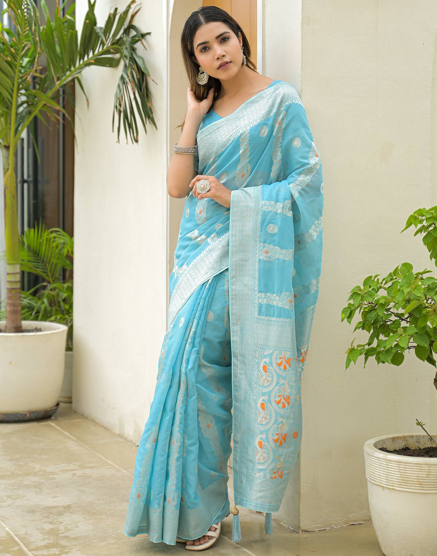 Sky Blue Chanderi Woven Saree