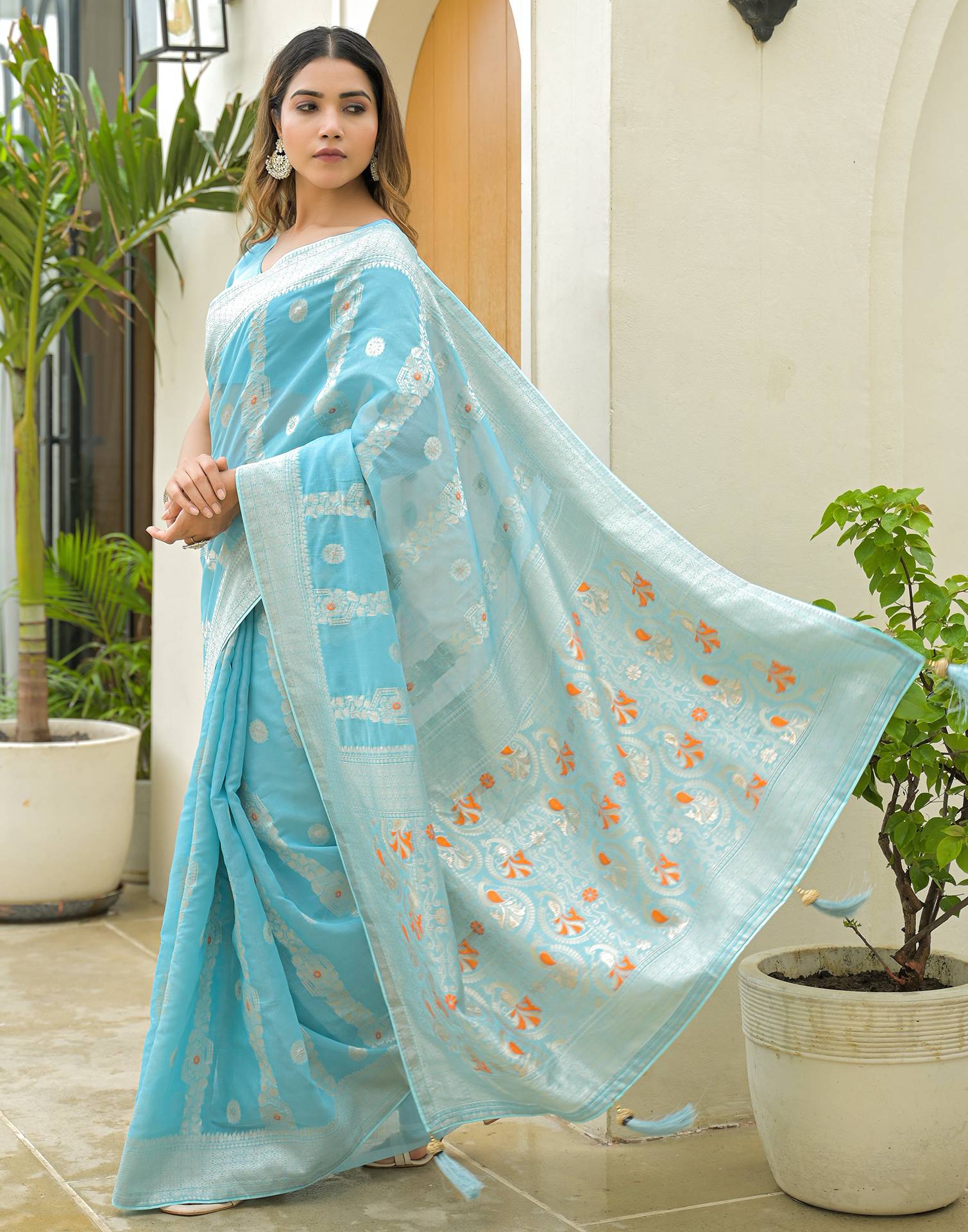 Sky Blue Chanderi Woven Saree