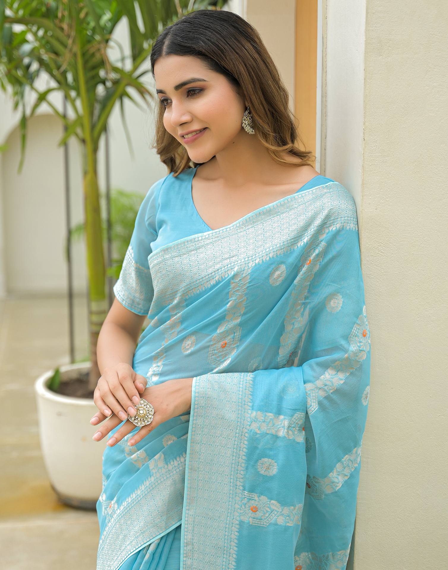 Sky Blue Chanderi Woven Saree