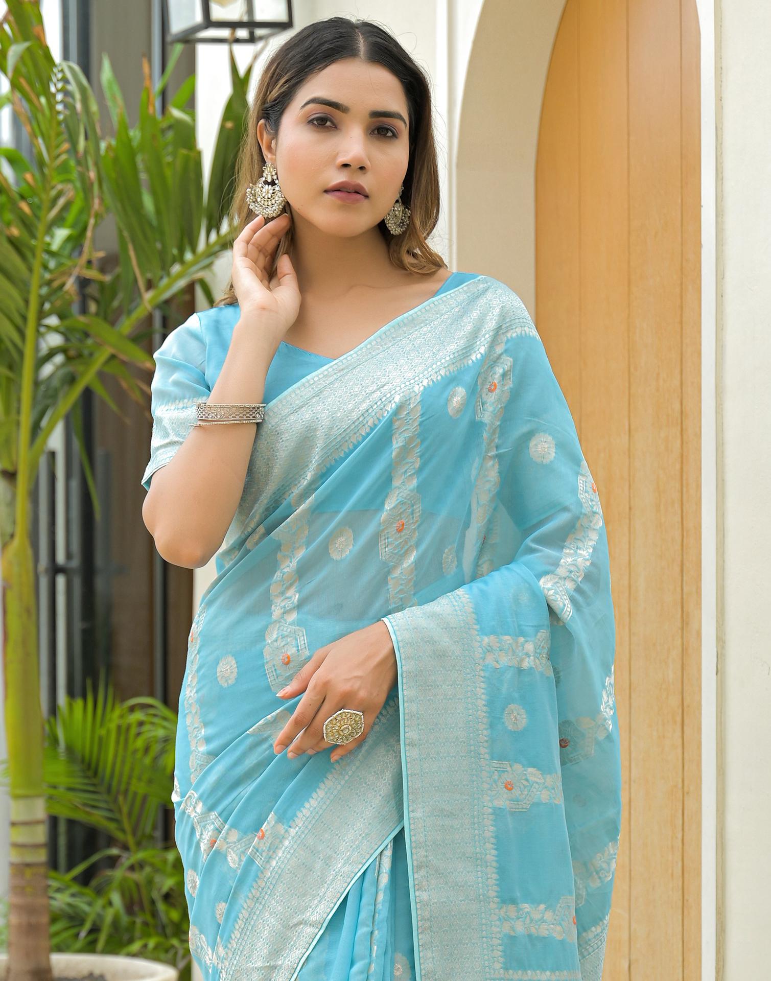 Sky Blue Chanderi Woven Saree