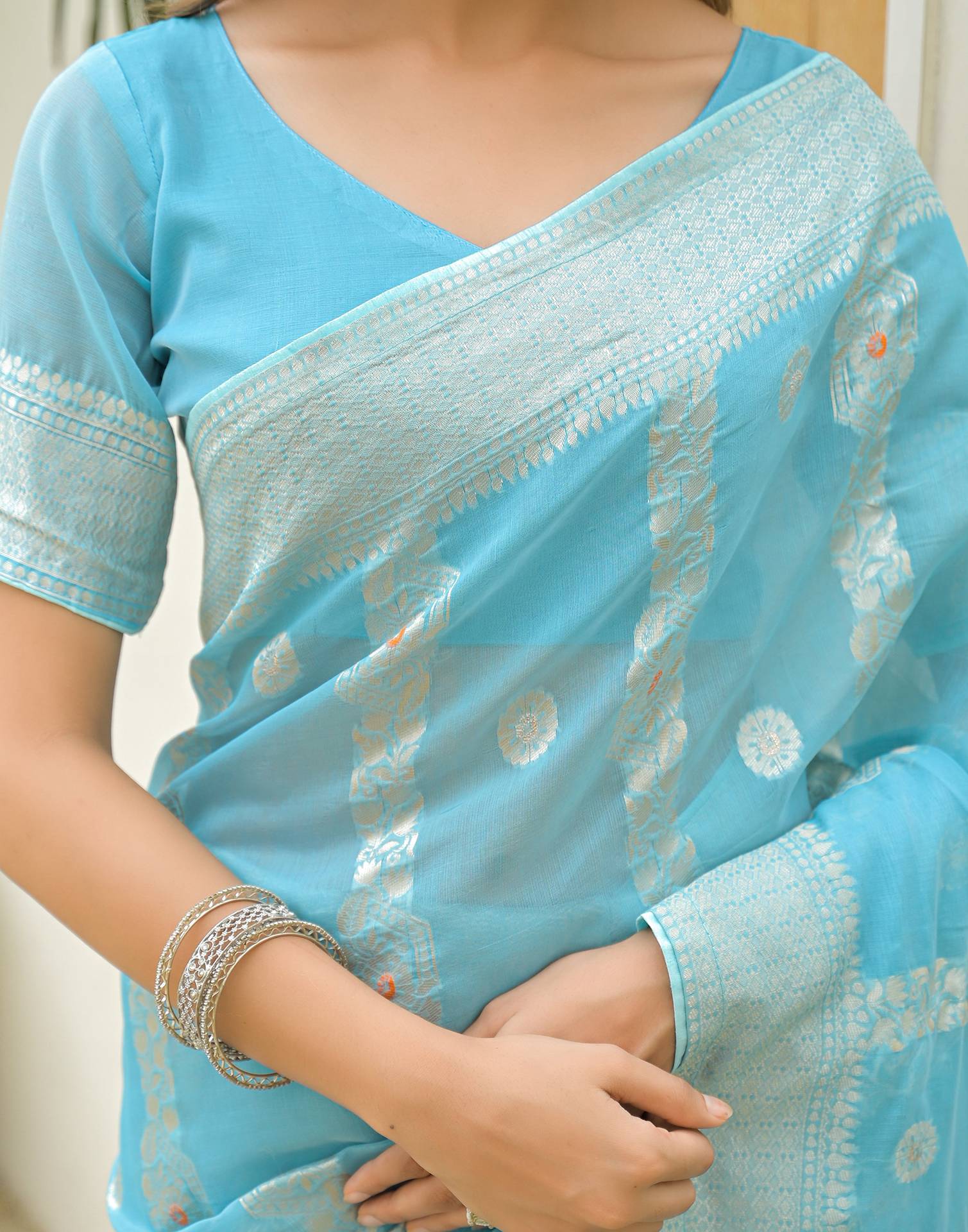 Sky Blue Chanderi Woven Saree