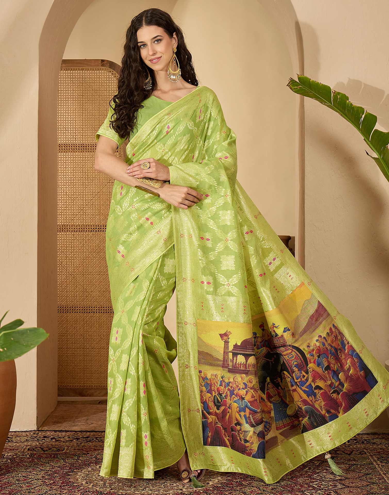 Parrot Green Chanderi Woven Saree