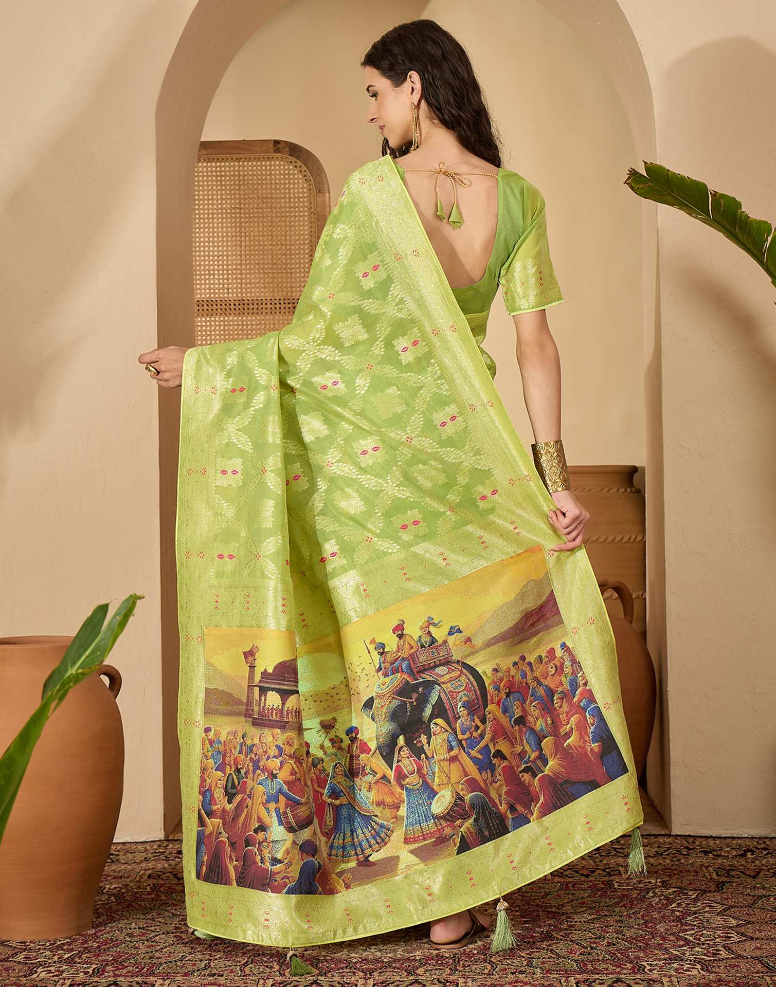 Parrot Green Chanderi Woven Saree