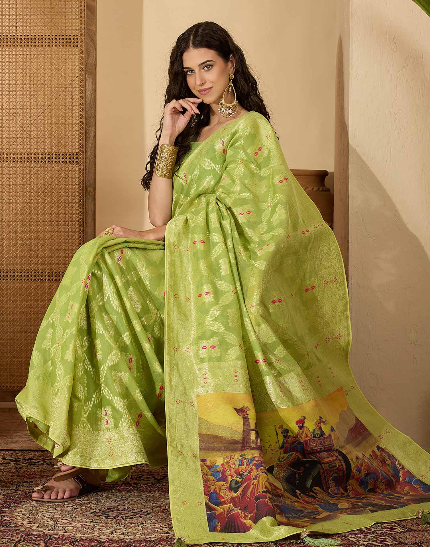 Parrot Green Chanderi Woven Saree