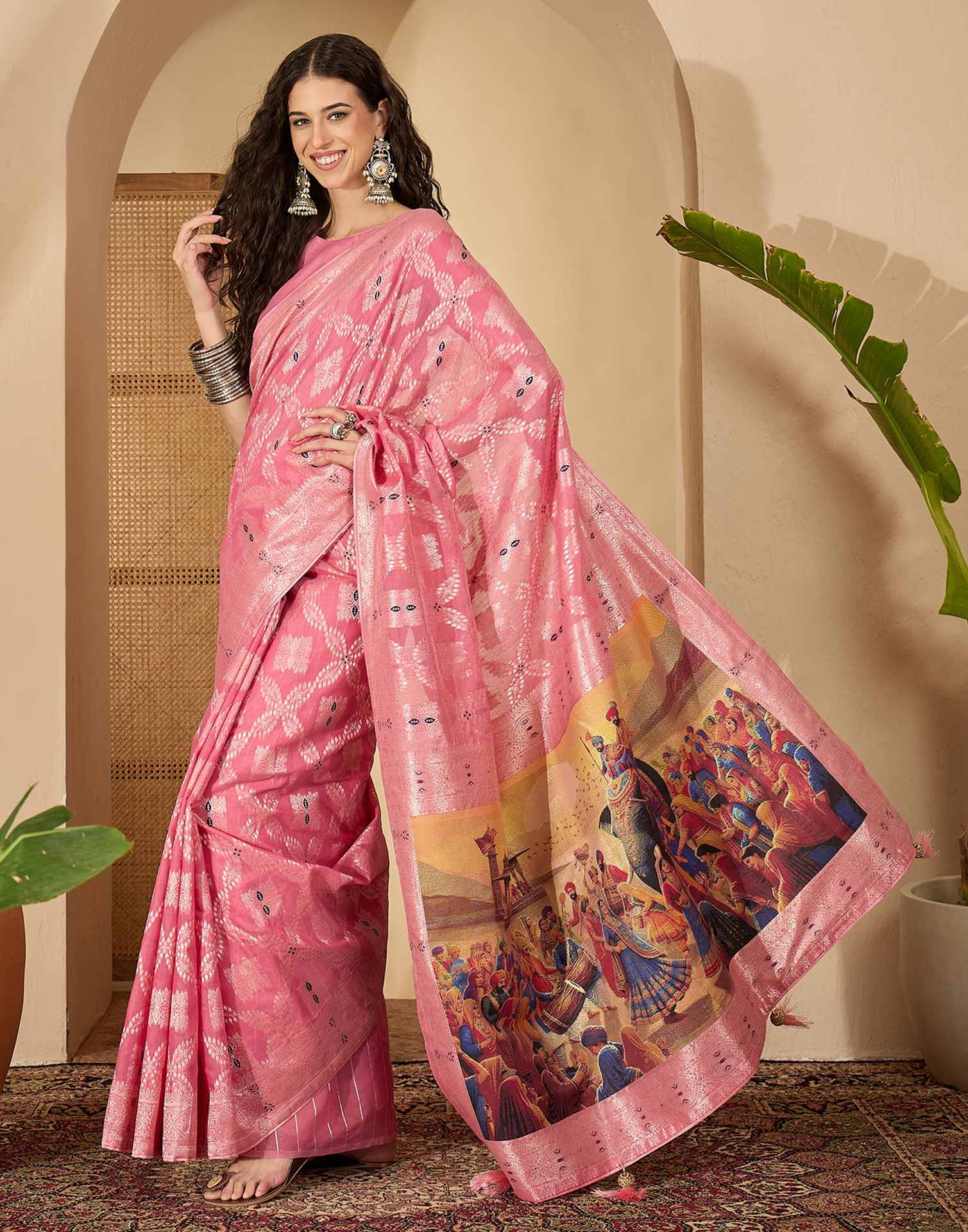 Pink Chanderi Woven Saree