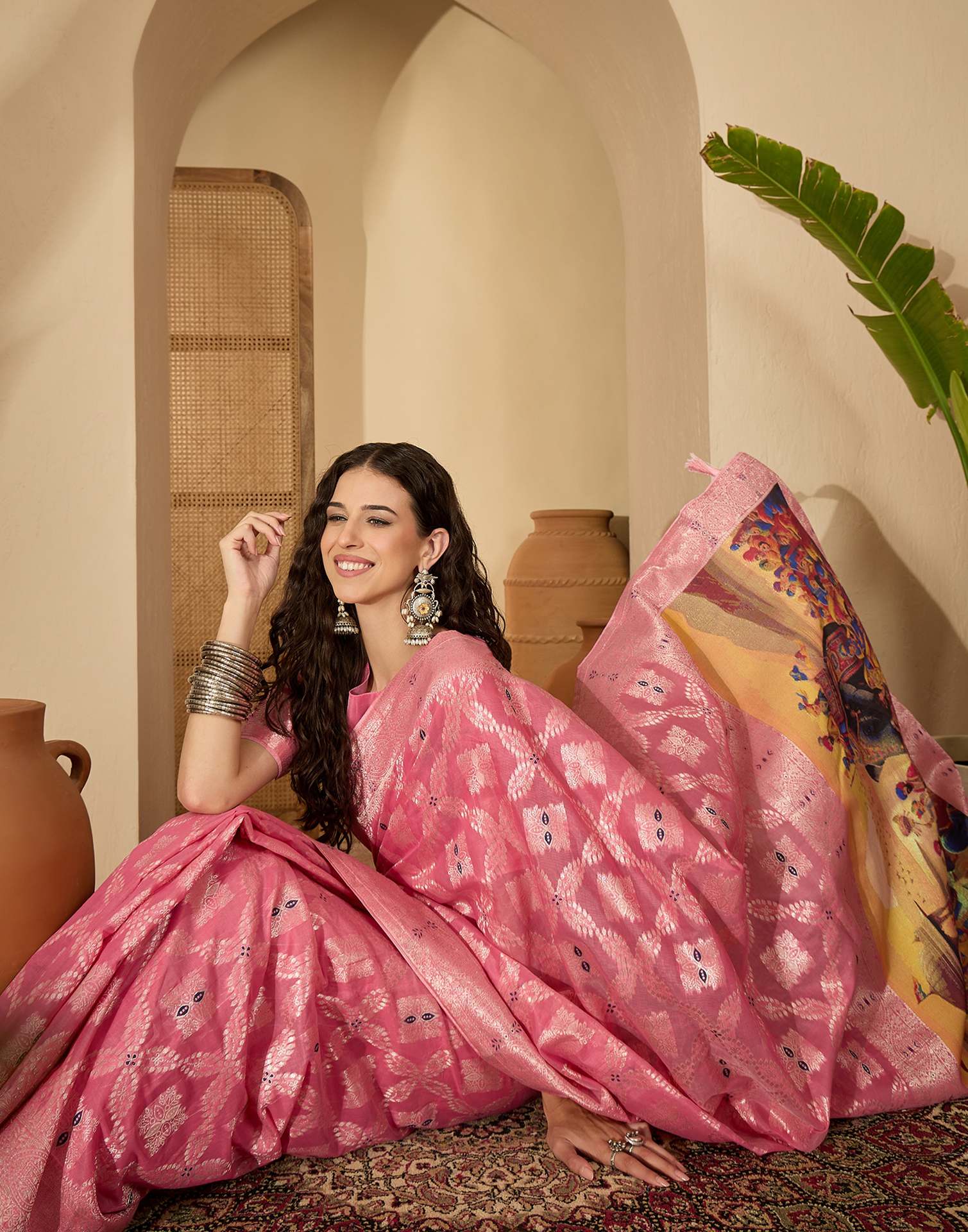 Pink Chanderi Woven Saree