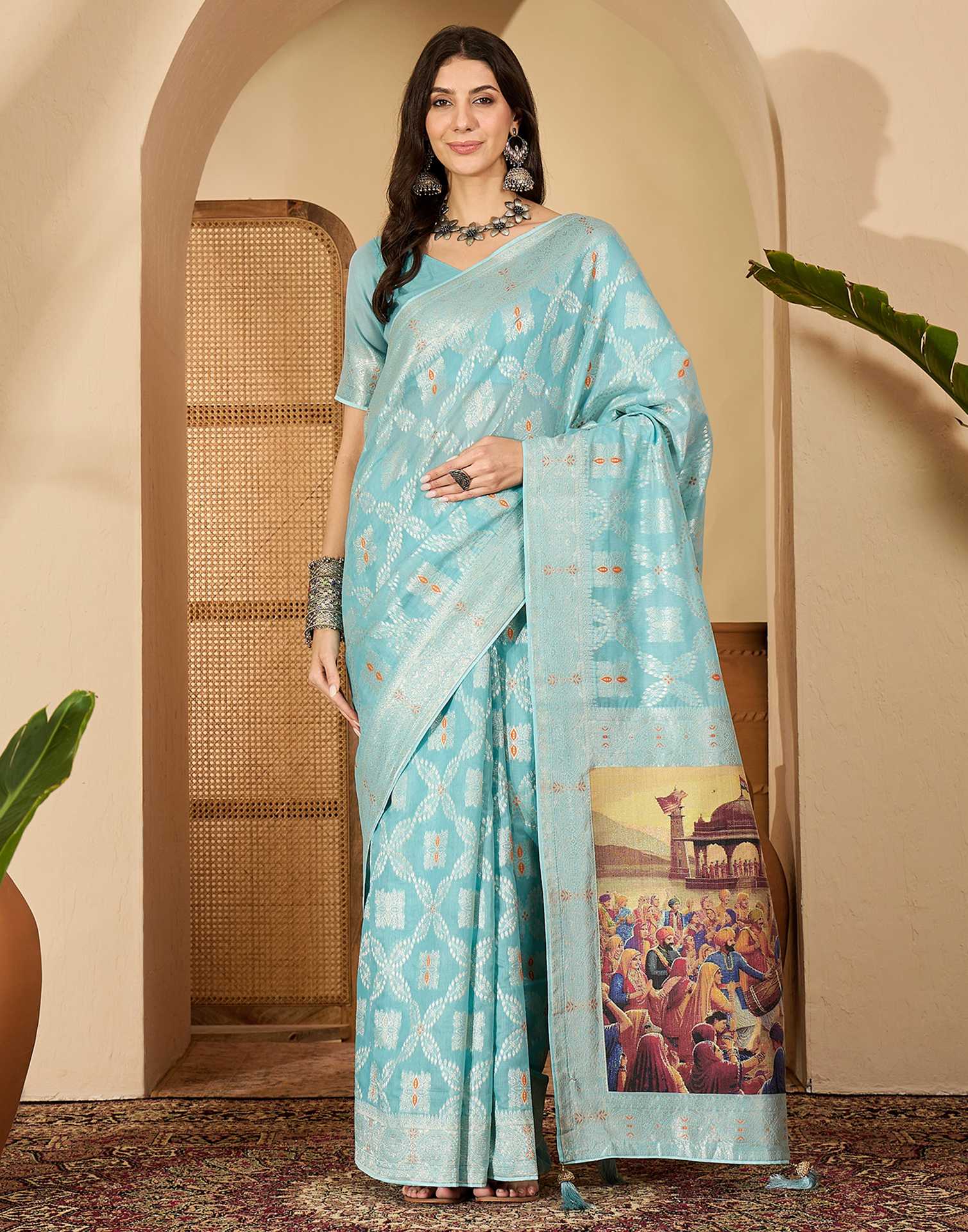 Sky Blue Chanderi Woven Saree
