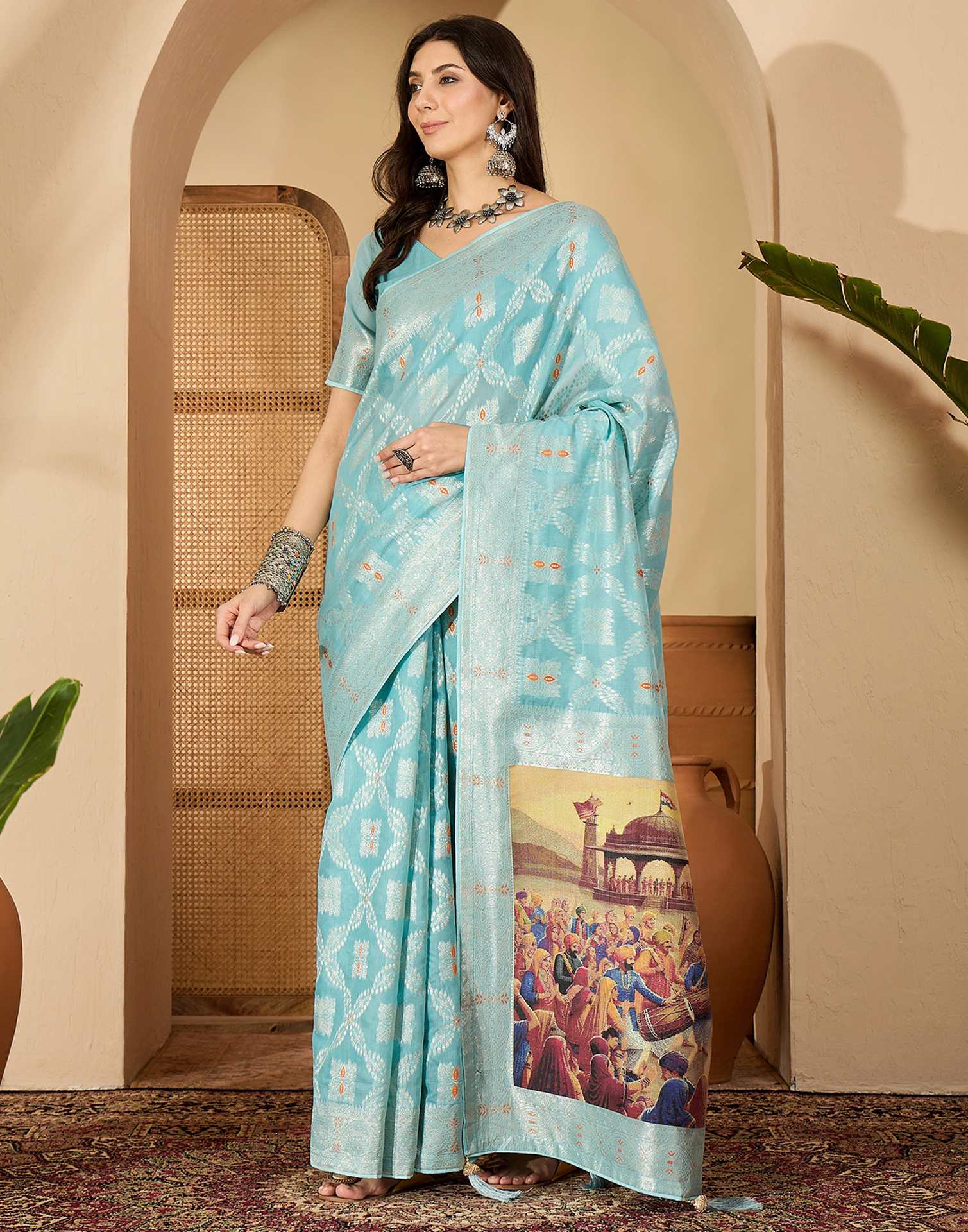 Sky Blue Chanderi Woven Saree