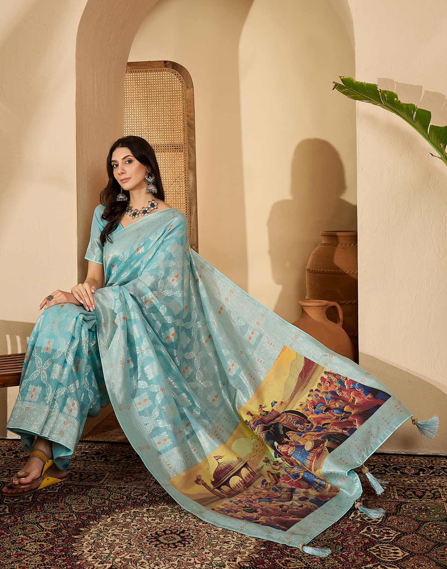 Sky Blue Chanderi Woven Saree