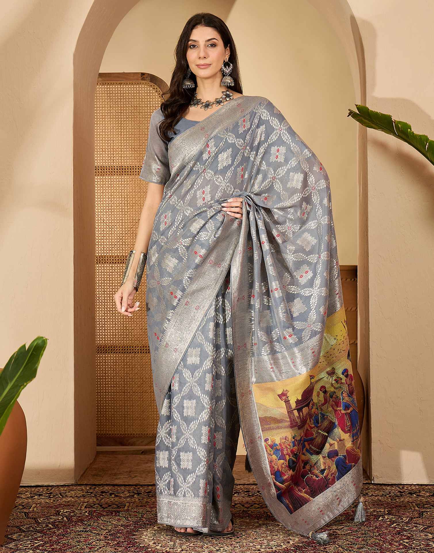 Grey Chanderi Woven Saree