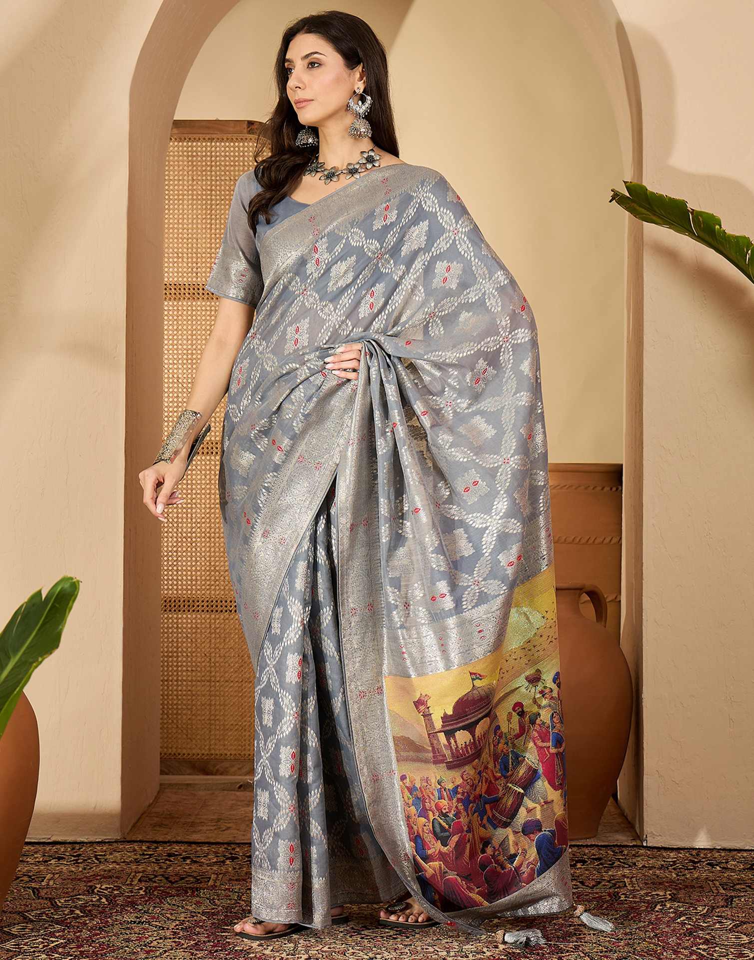 Grey Chanderi Woven Saree