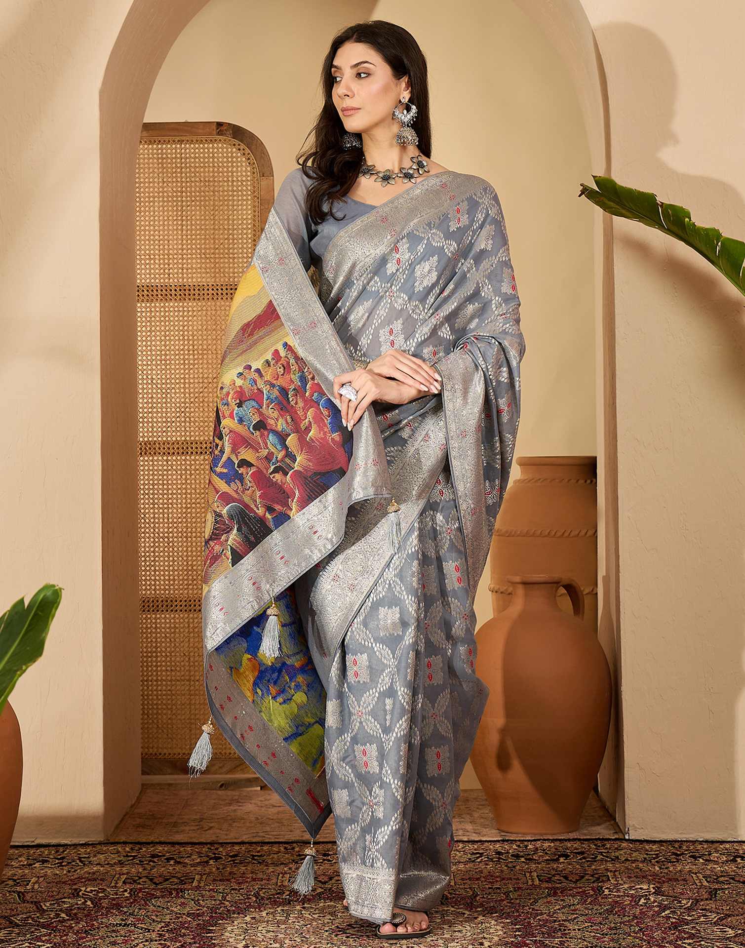 Grey Chanderi Woven Saree