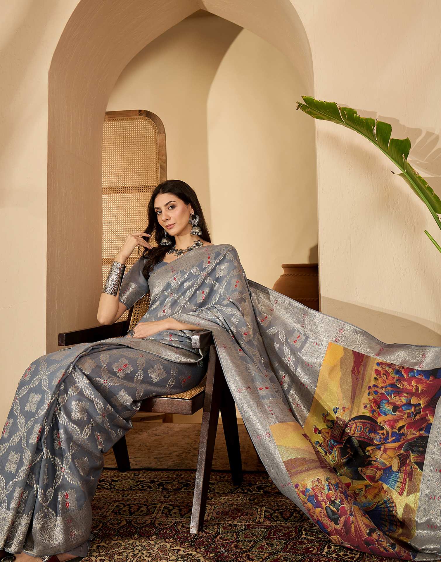 Grey Chanderi Woven Saree