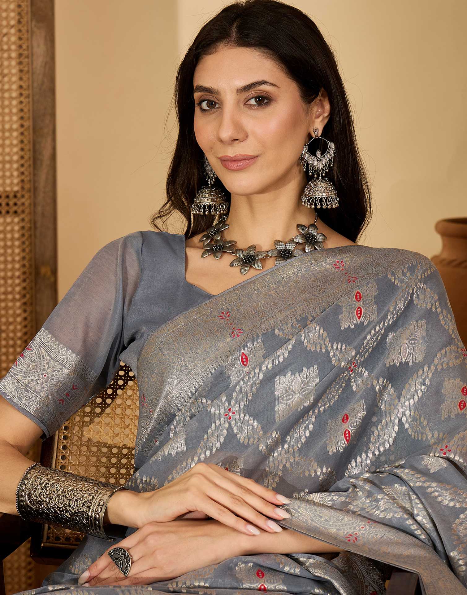 Grey Chanderi Woven Saree