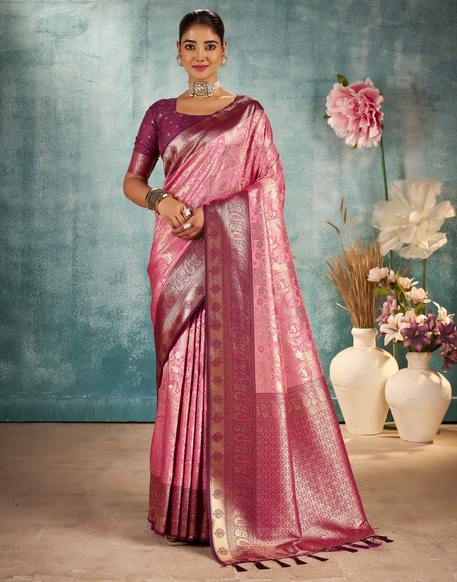 Pink Silk Woven Saree