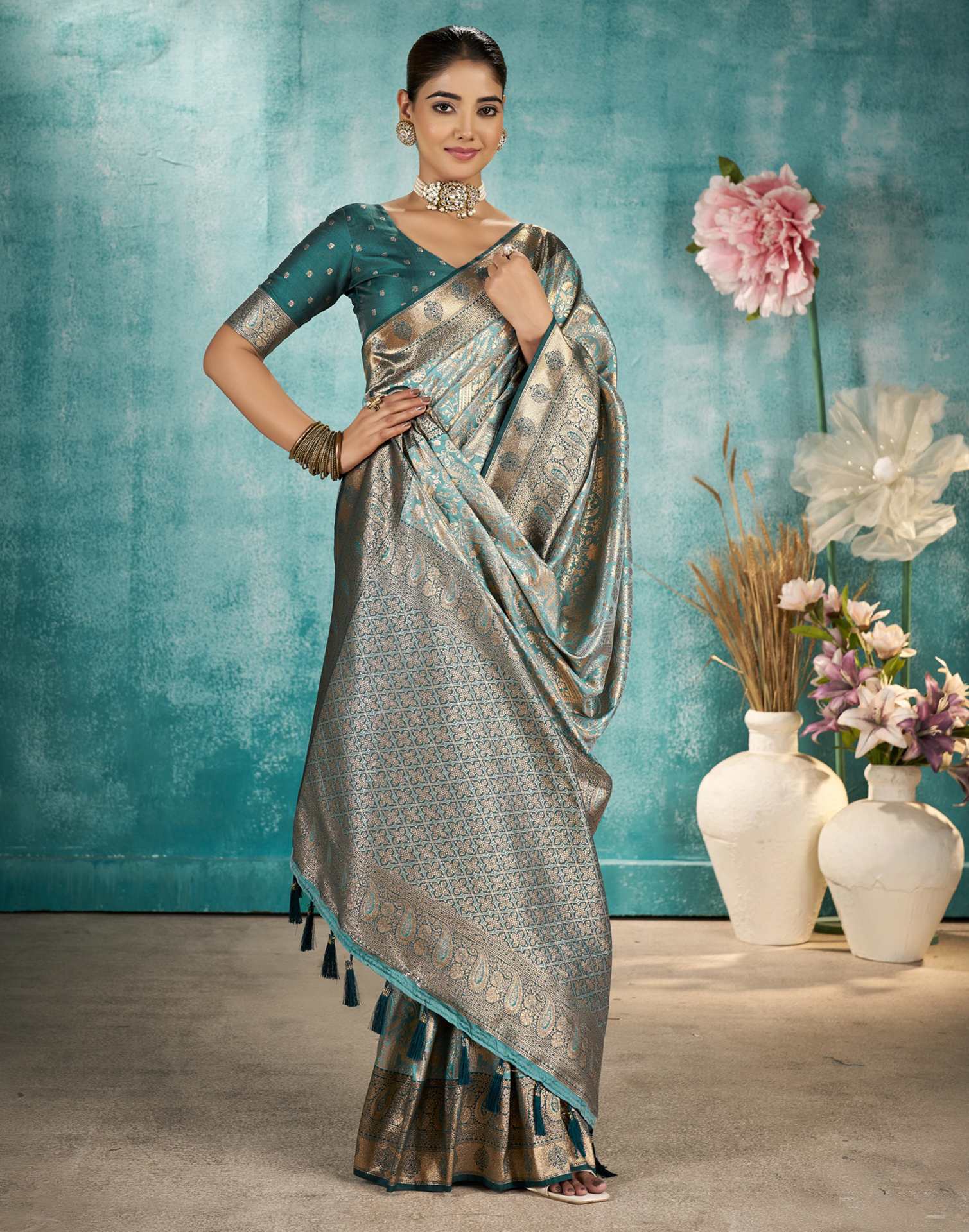 Sea Green Silk Woven Saree